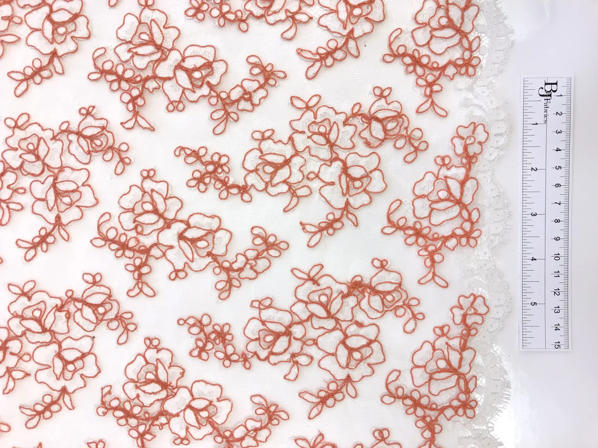 Double scallop floral corded French Chantilly Lace in White and Terracotta 