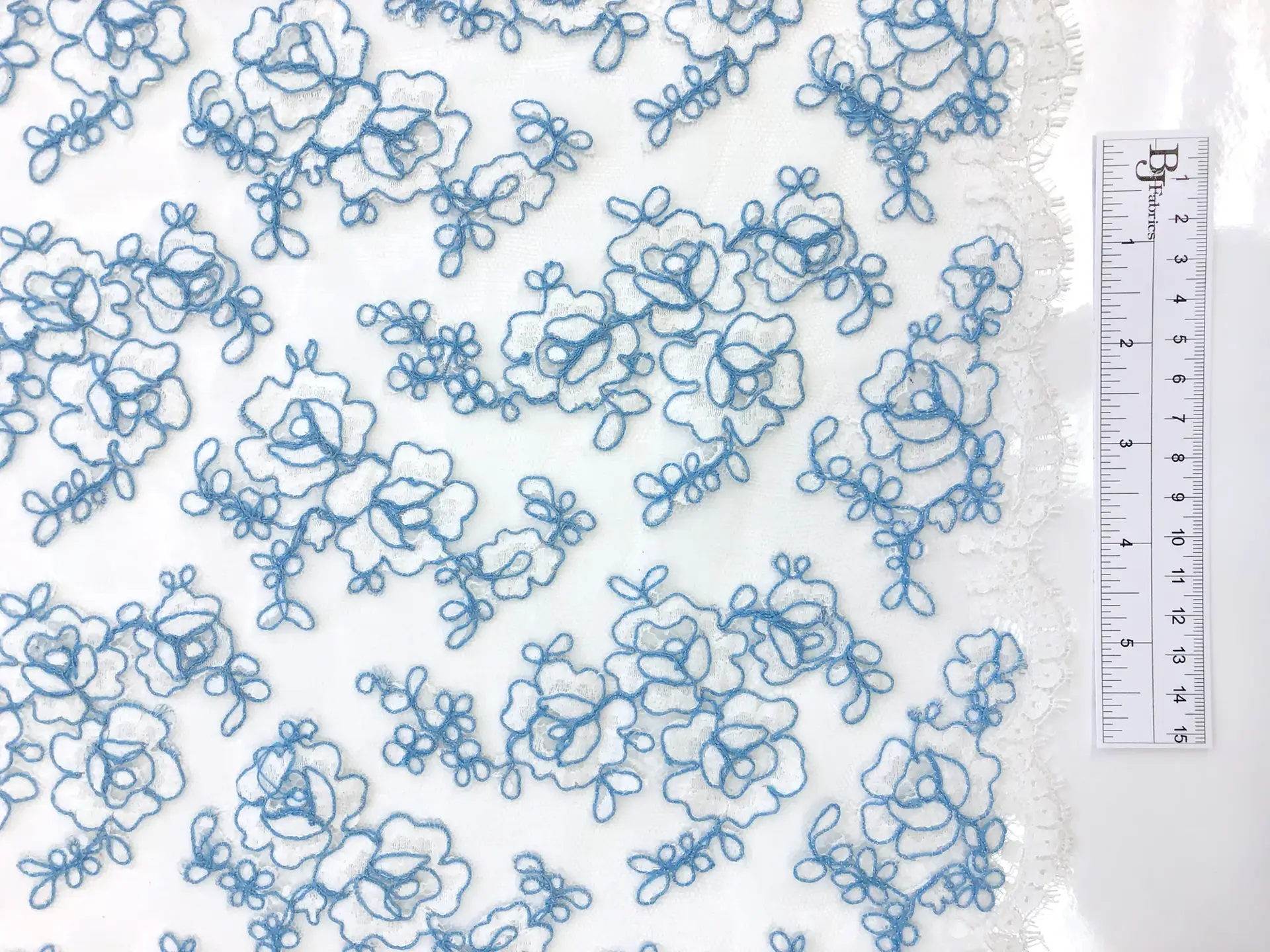 Double scallop floral corded French Chantilly Lace in White and Sky Blue
