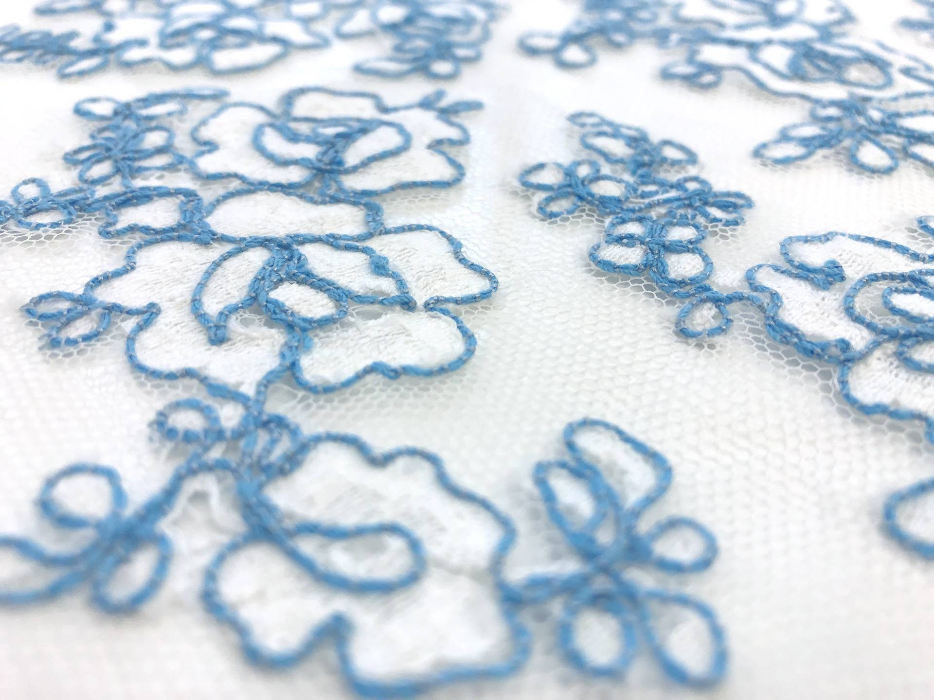 Double scallop floral corded French Chantilly Lace in White and Sky Blue