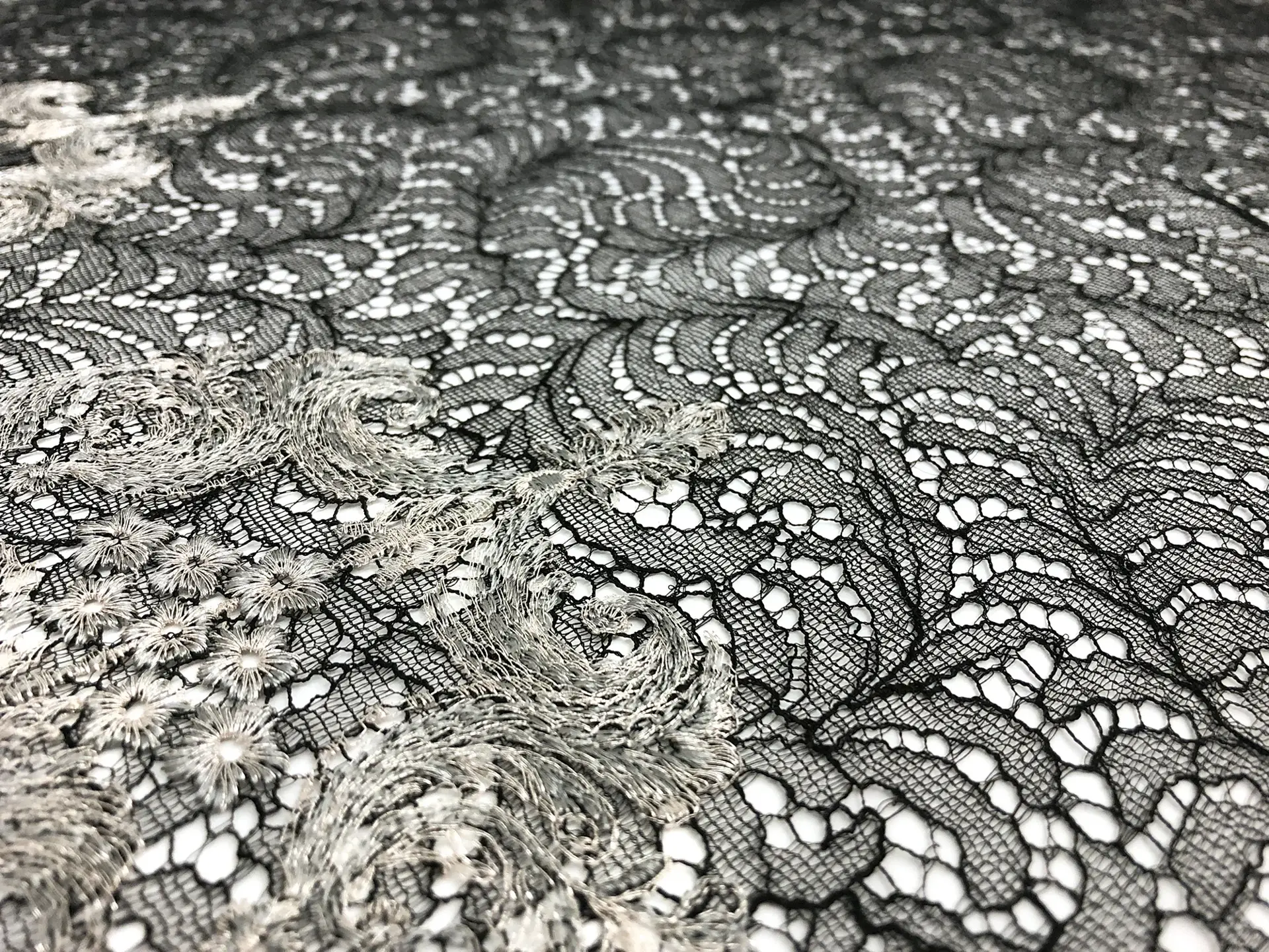 Metallic Embroidered Chantilly Lace in Black and Silver Filigree