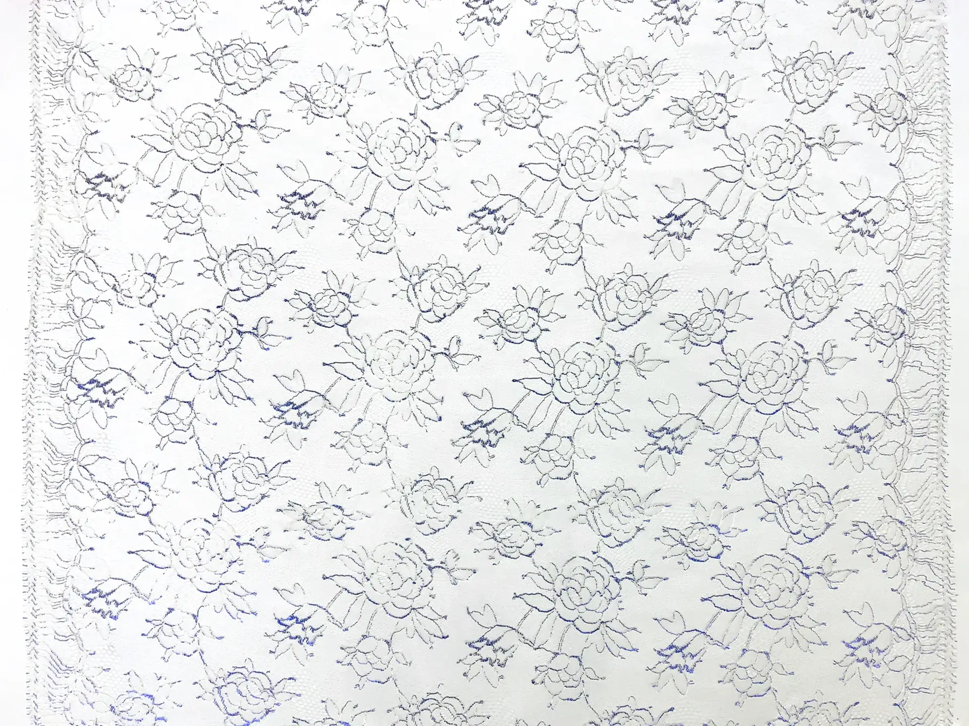 Metallic Floral Chantilly Lace in White and Royal Blue