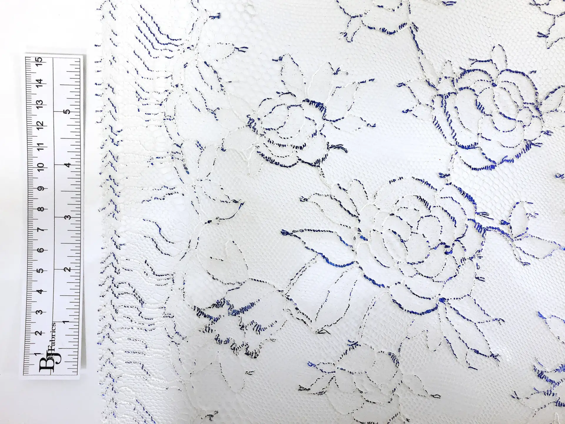 Metallic Floral Chantilly Lace in White and Royal Blue