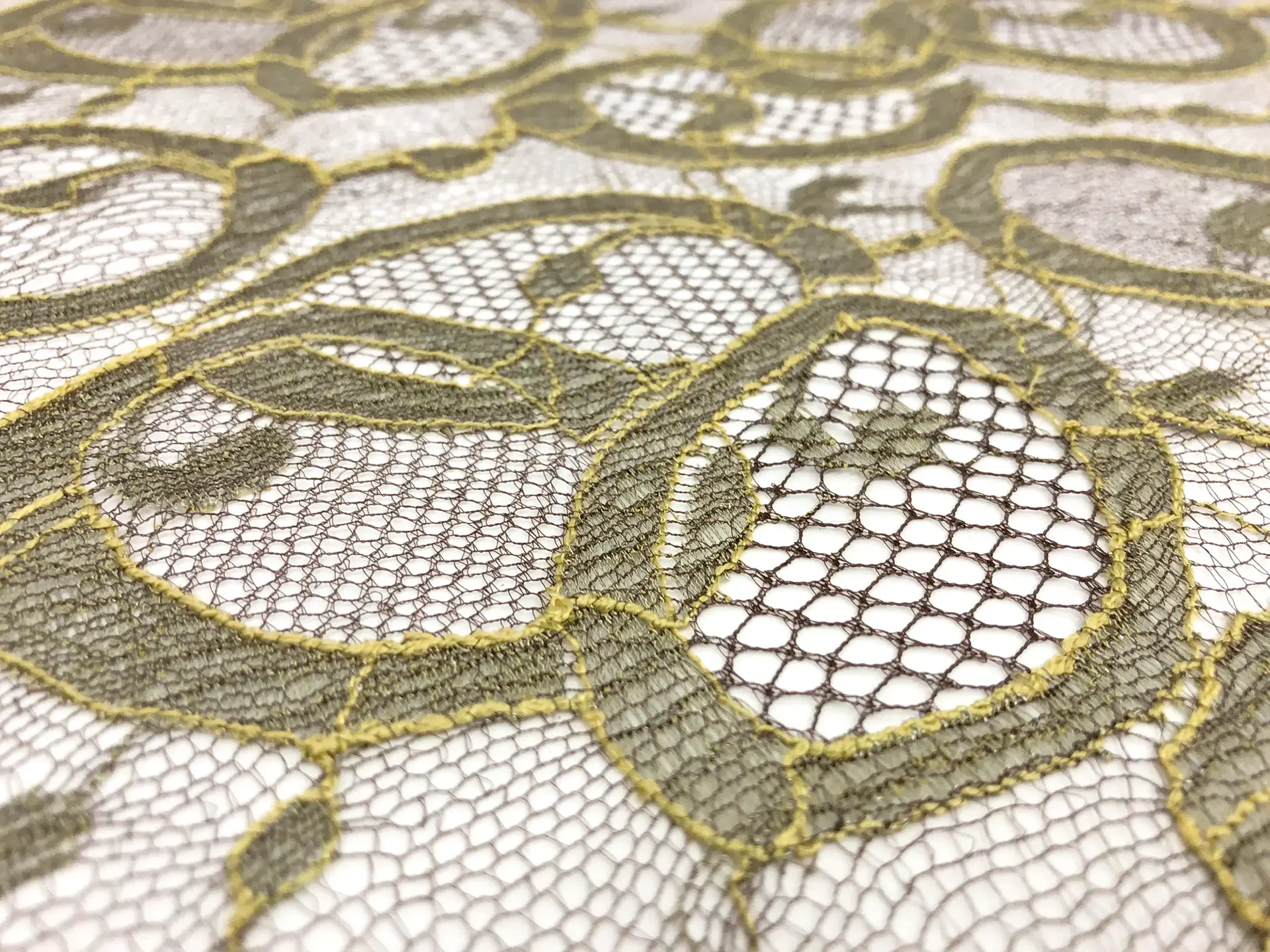 Metallic Chantilly Lace with Ovals Motif in Brown and Lime