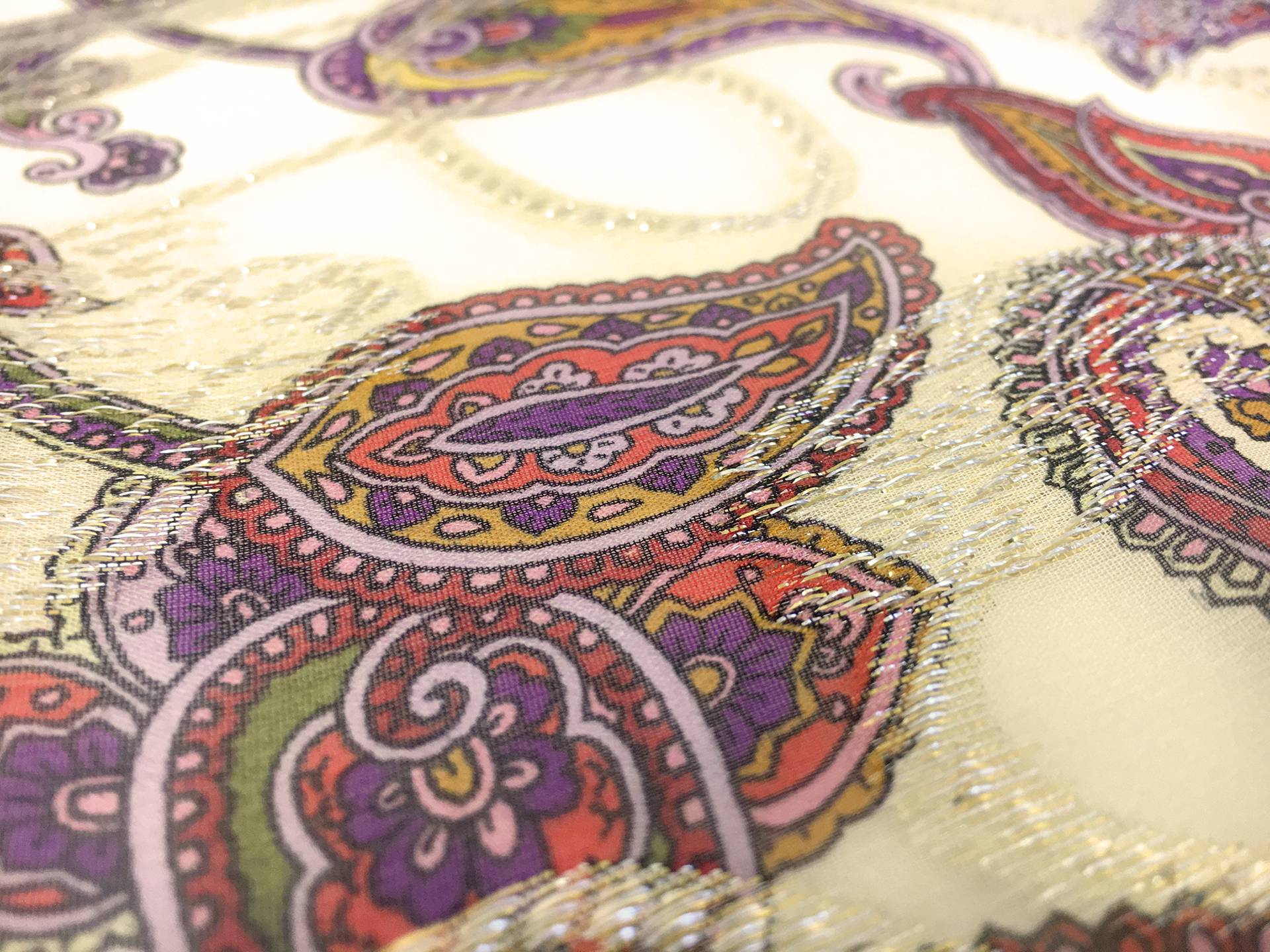 Paisley Printed Silk Chiffon with Metallic Jacquard Paisley On Yellow Background