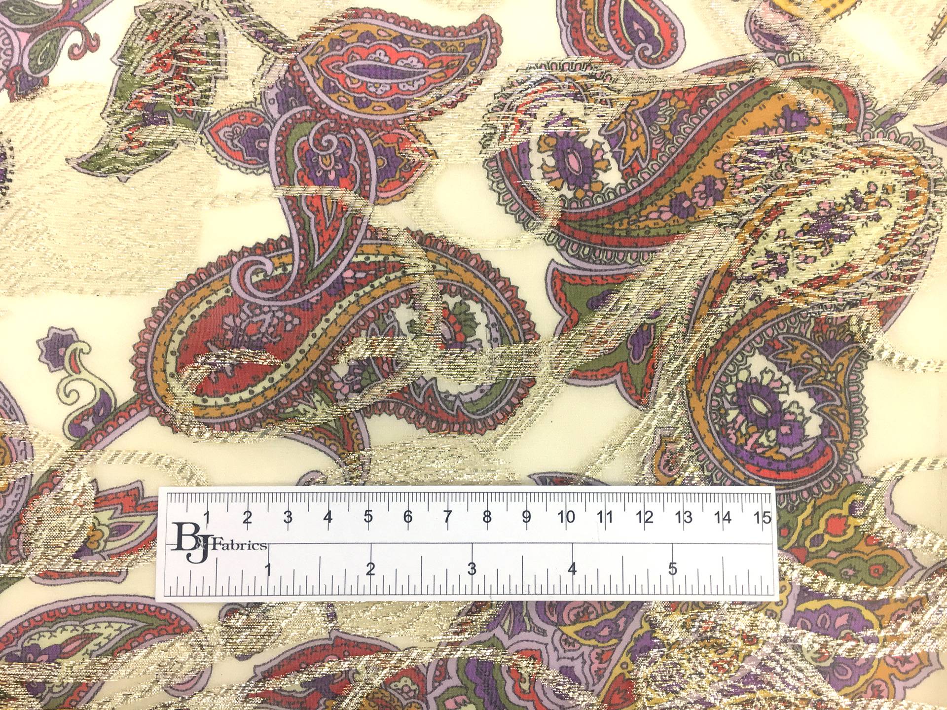 Paisley Printed Silk Chiffon with Metallic Jacquard Paisley On Yellow Background