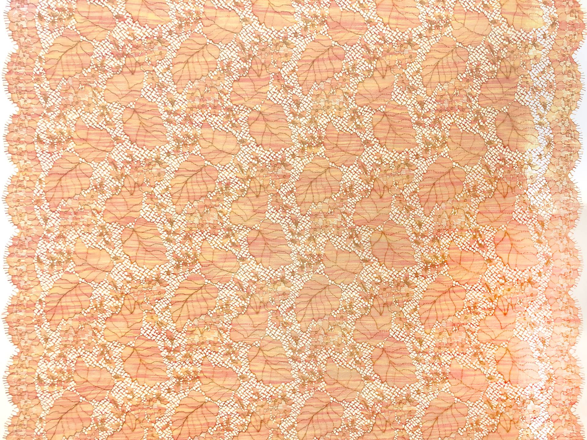 Metallic Chantilly Lace With Leaves Motif in Orange and Gold