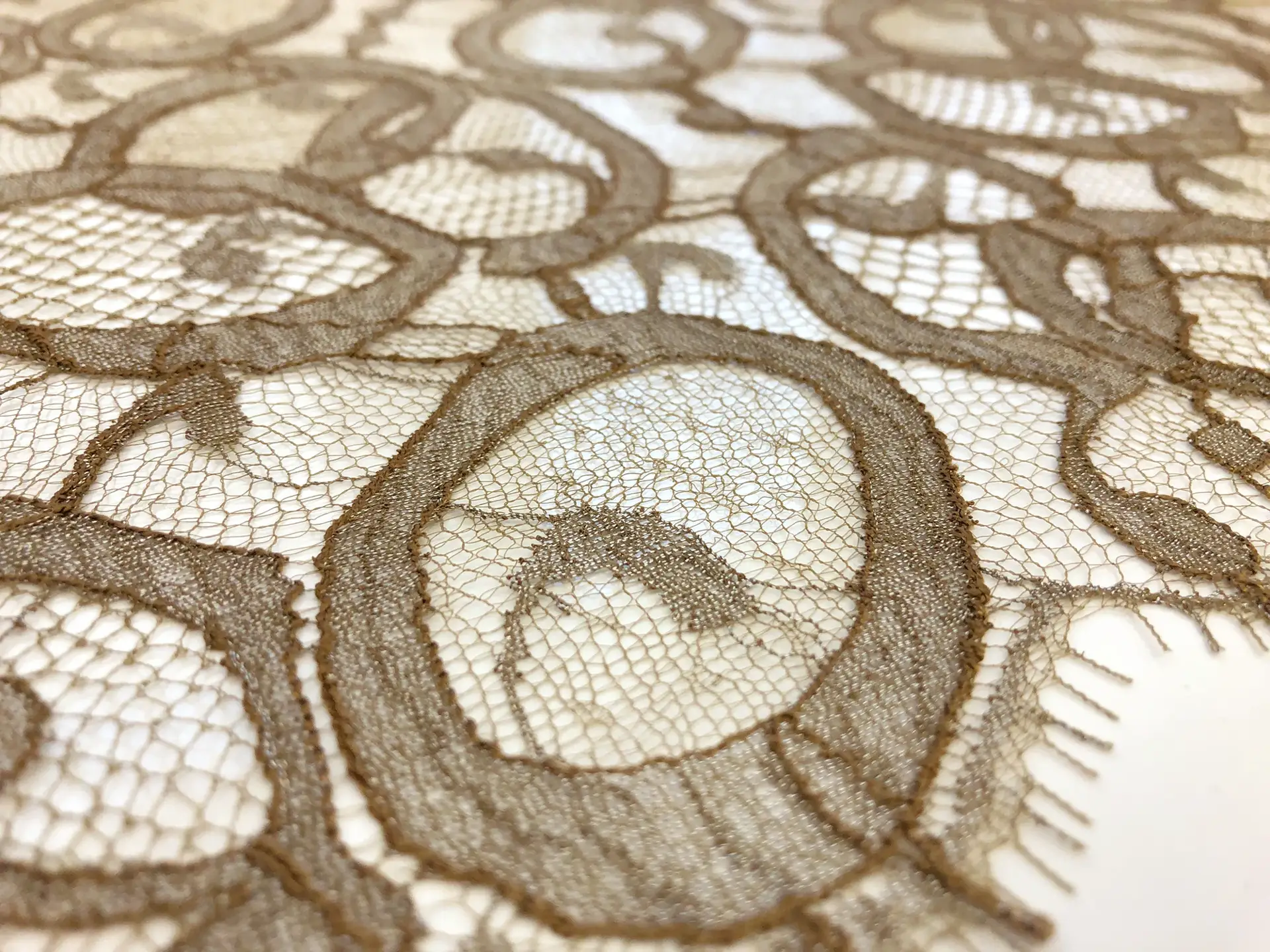 Metallic Chantilly Lace With Ovals Motif in Olive and Argent