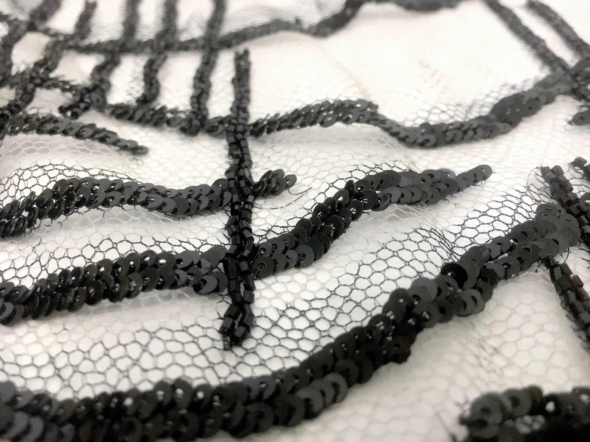 Sequined Black and White Bobbinet with Abstract Pattern