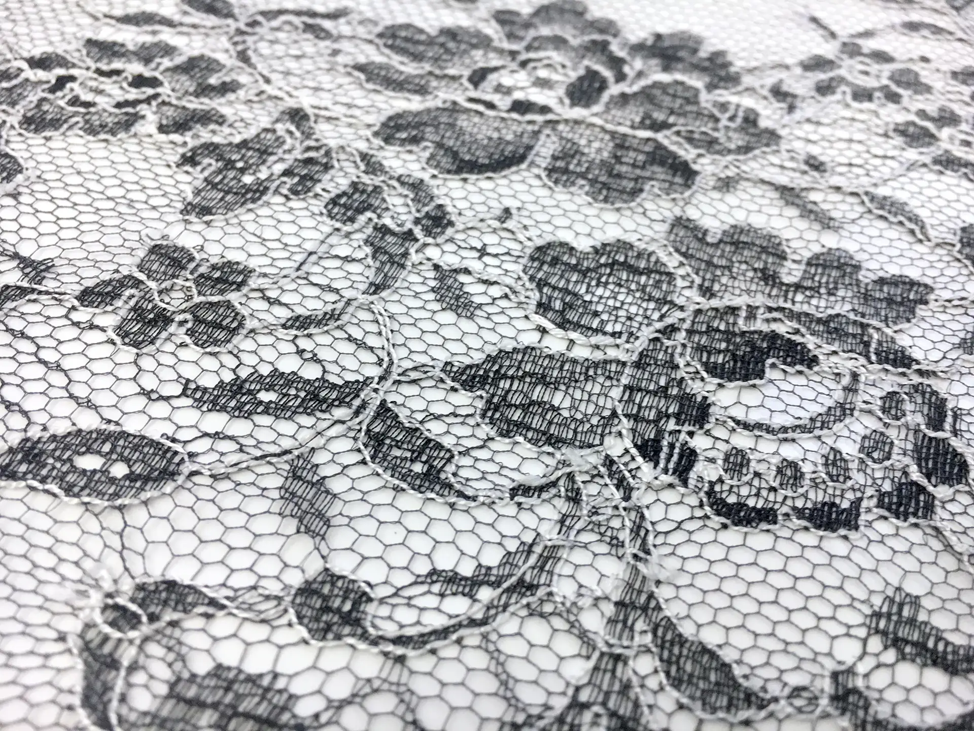 Chantilly Lace in Charcoal Grey with Off White Outlines of Florals