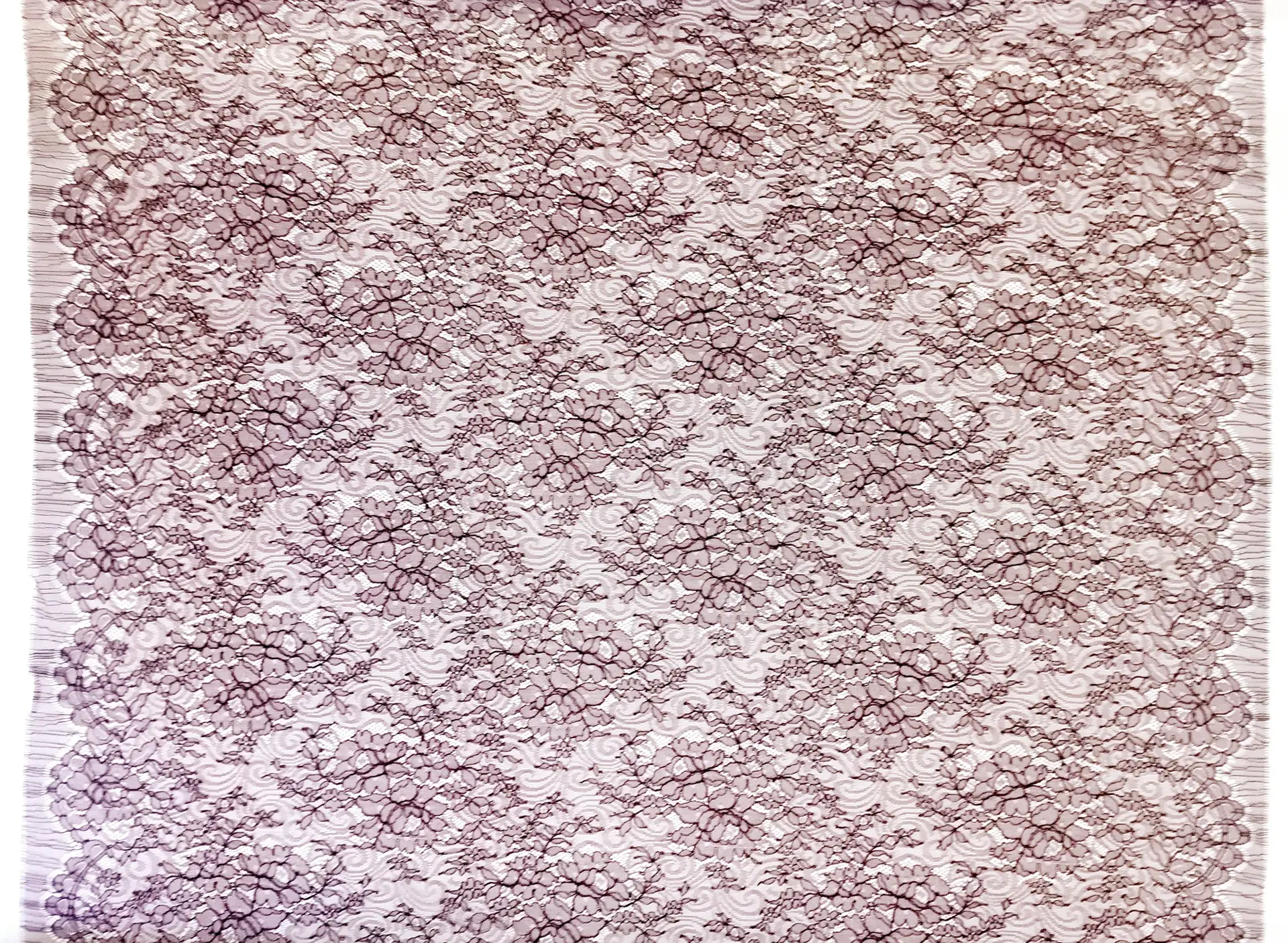 French Chantilly Lace with Swirls and Floral Motifs in Maroon