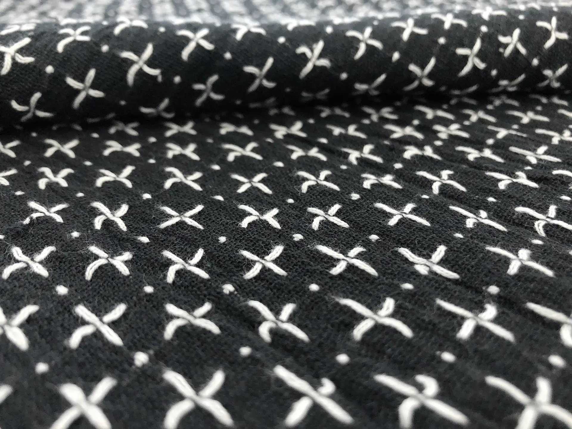 Cotton Woven Novelty With Cross Stitches in Black White