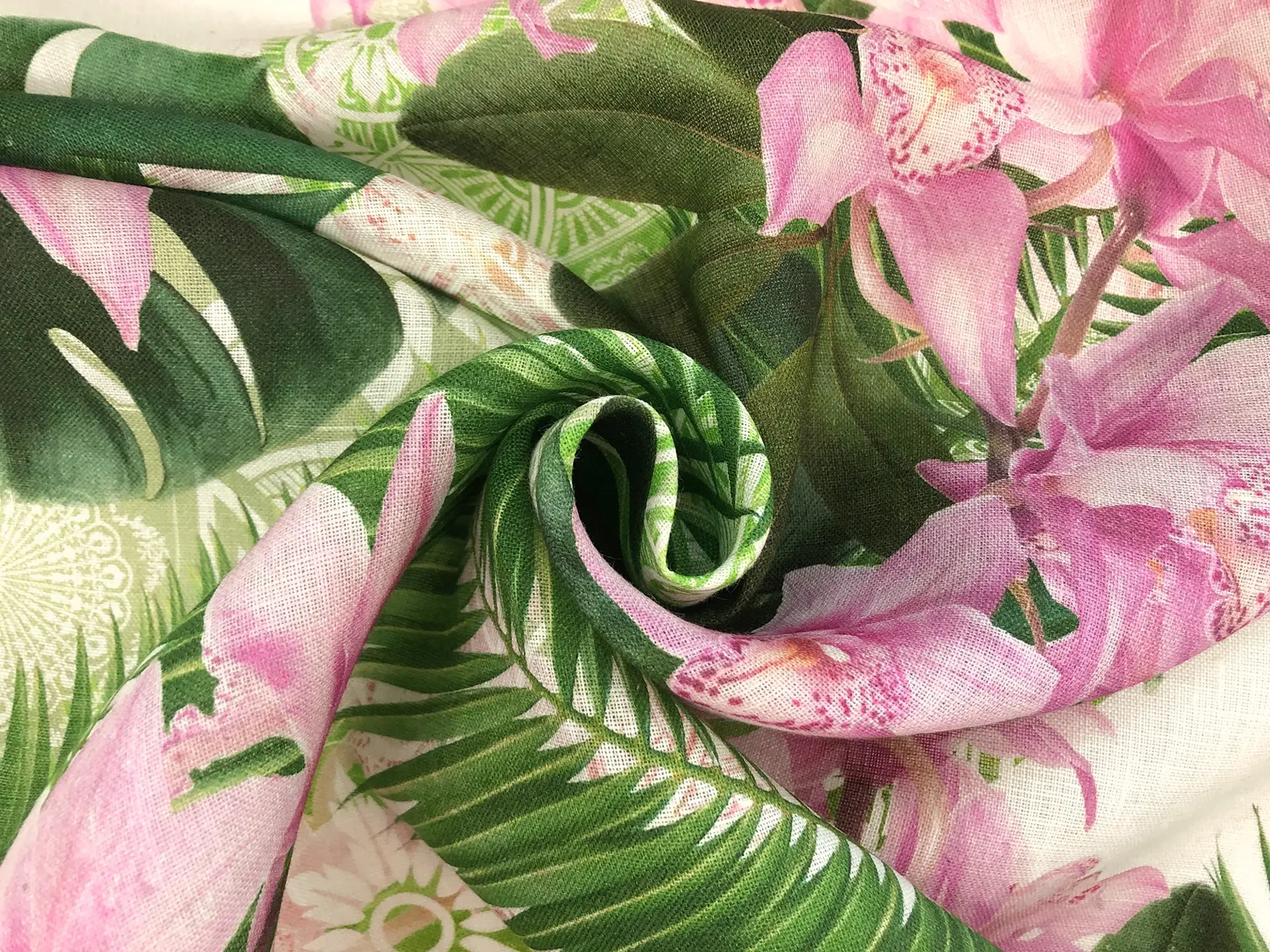 Linen Handkerchief with Tropical Orchids Print