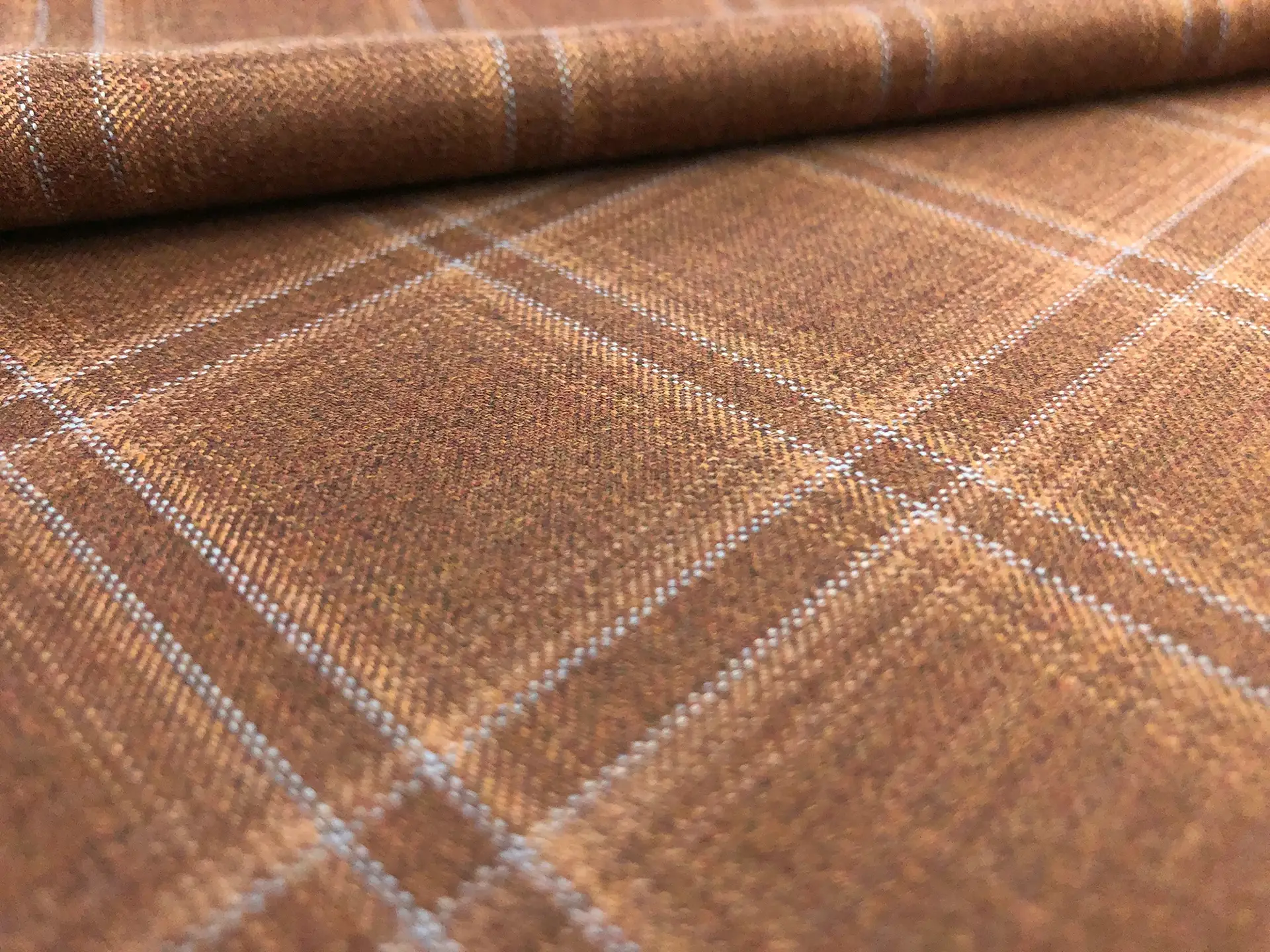 Italian Loro Piana Wool Super 130s Tattersall Plaid Suiting in Burnt Umber