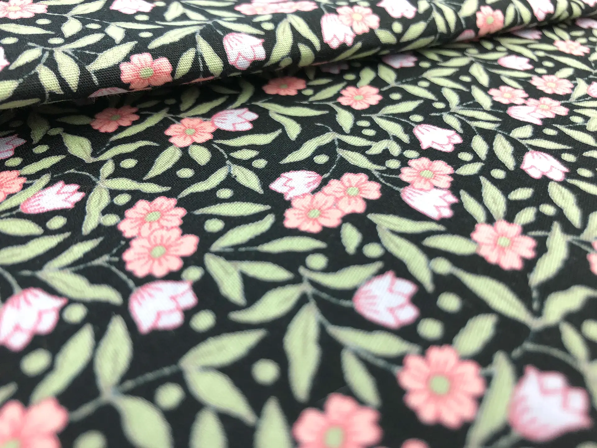 Japanese Cotton Broadcloth Petite Florals Print in Black Sky Blue Rose Pink Green