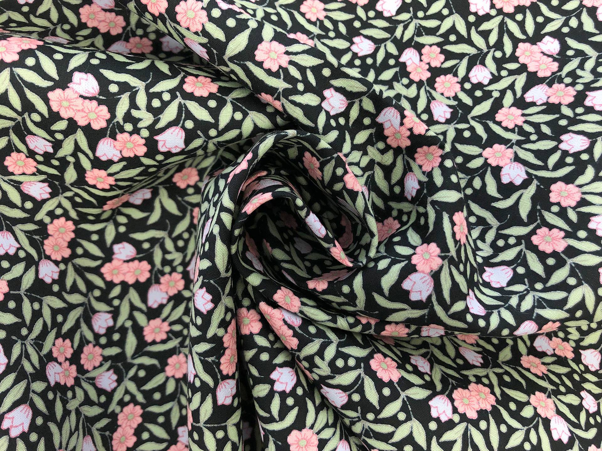 Japanese Cotton Broadcloth Petite Florals Print in Black Sky Blue Rose Pink Green