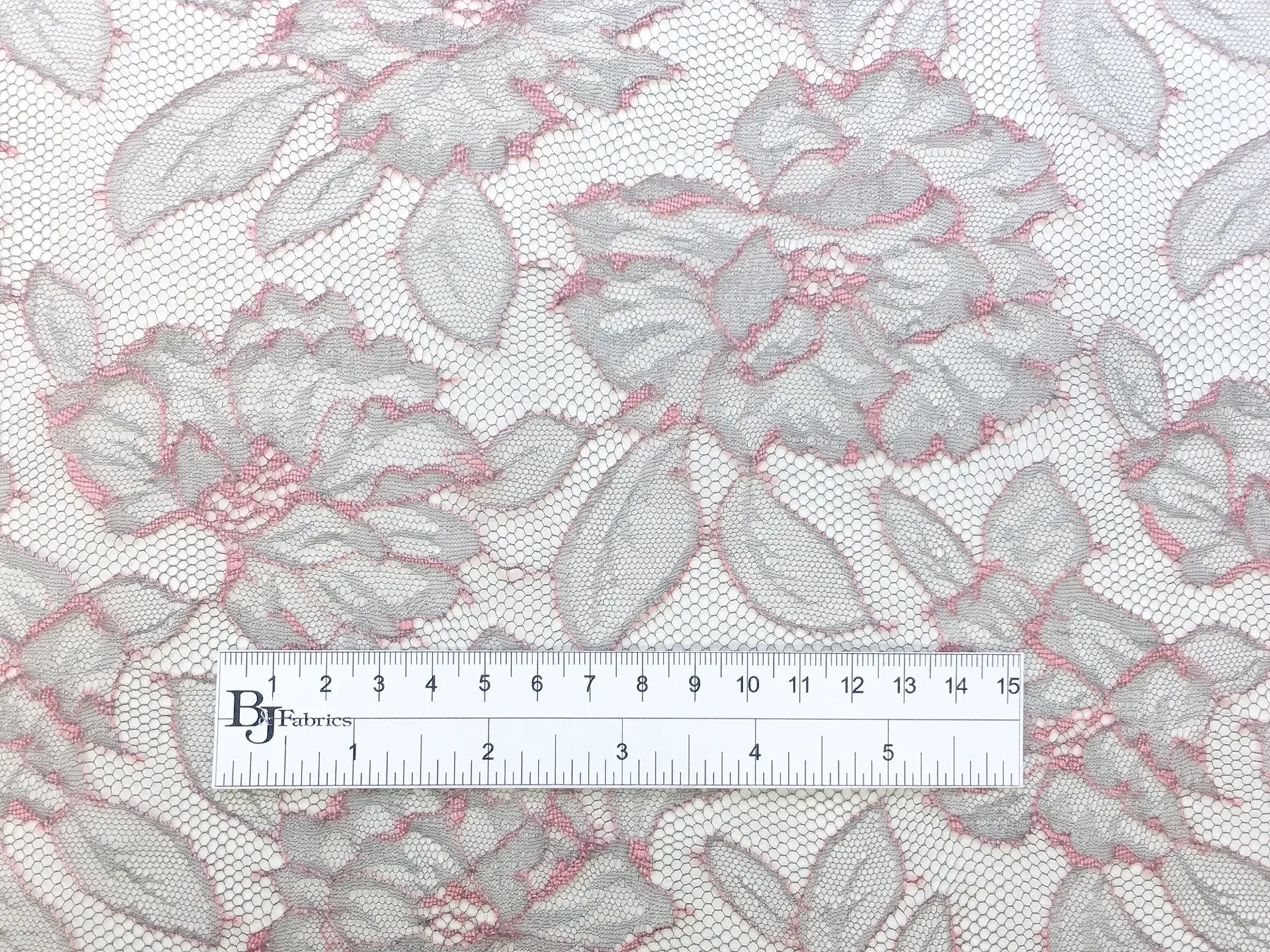 Chantilly Lace with Floral Motifs in Light Gray and Peach