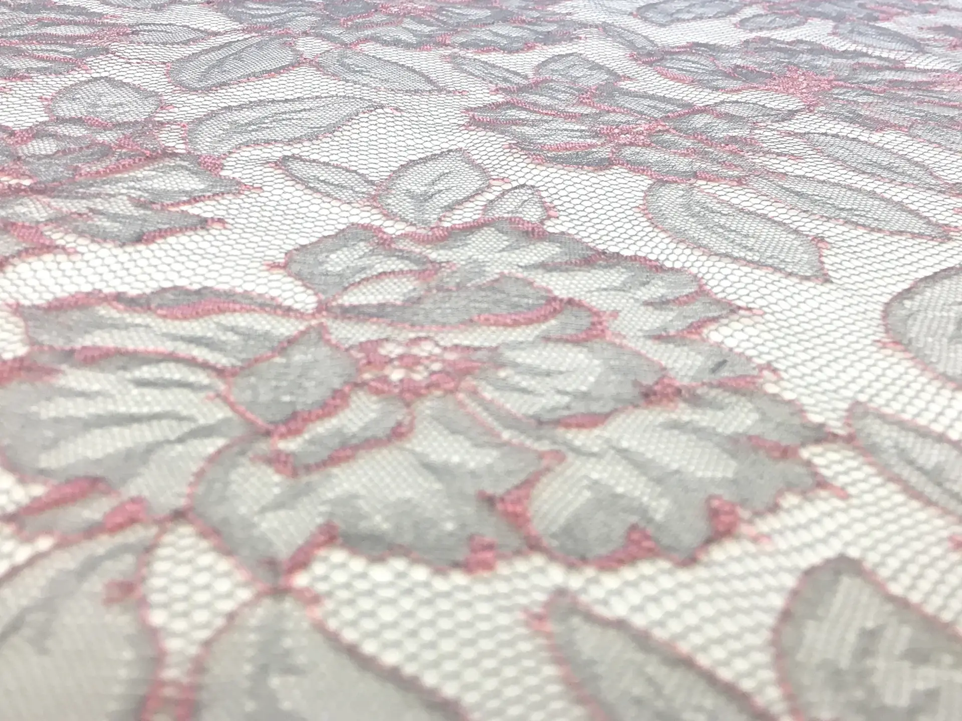 Chantilly Lace with Floral Motifs in Light Gray and Peach