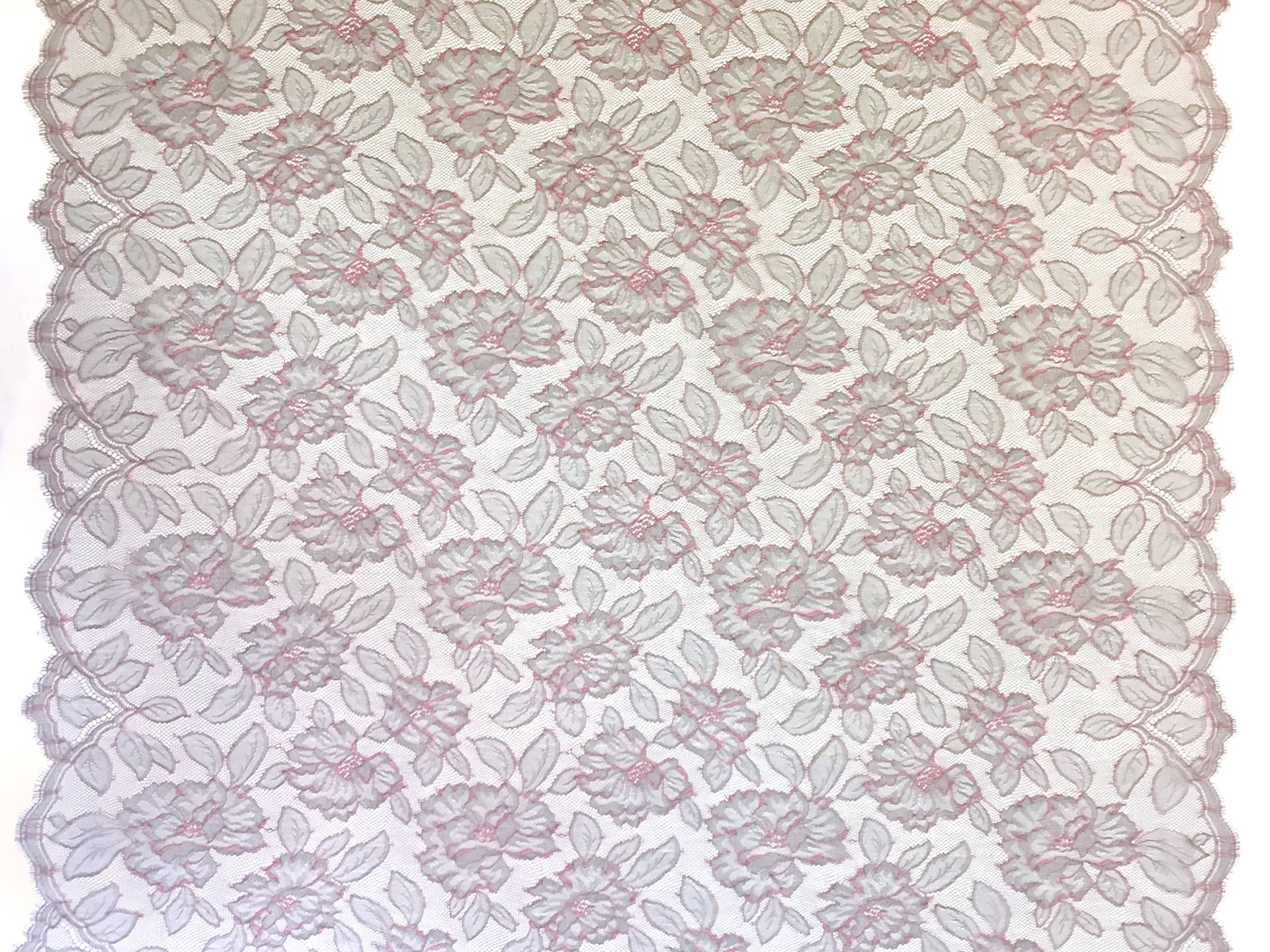 Chantilly Lace with Floral Motifs in Light Gray and Peach