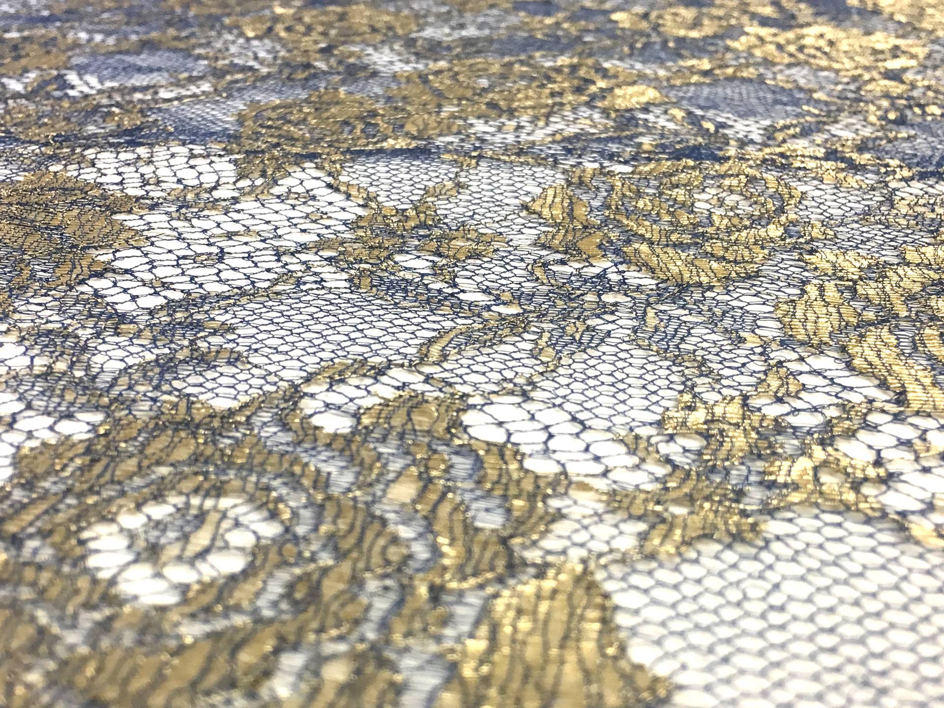 Metallic Chantilly Lace with Floral Motifs in Royal Blue and Gold