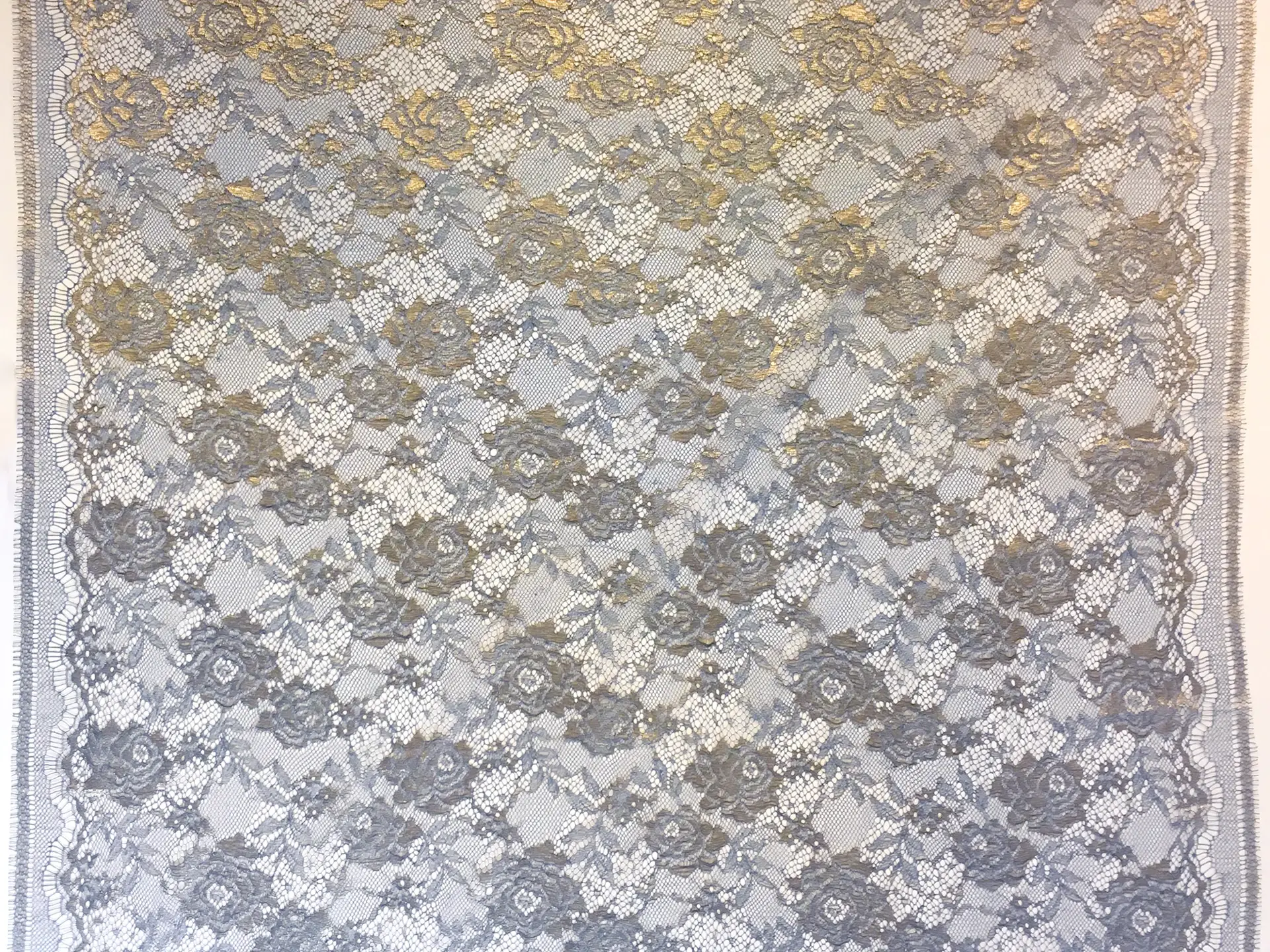 Metallic Chantilly Lace with Floral Motifs in Royal Blue and Gold