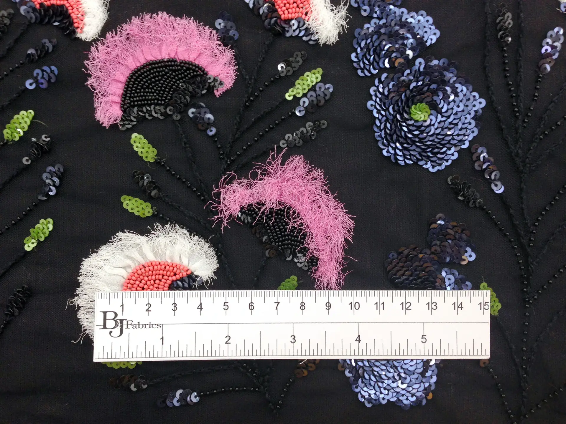 Beaded and Embroidered Tulle with Novelty Fringe Silk Flowers