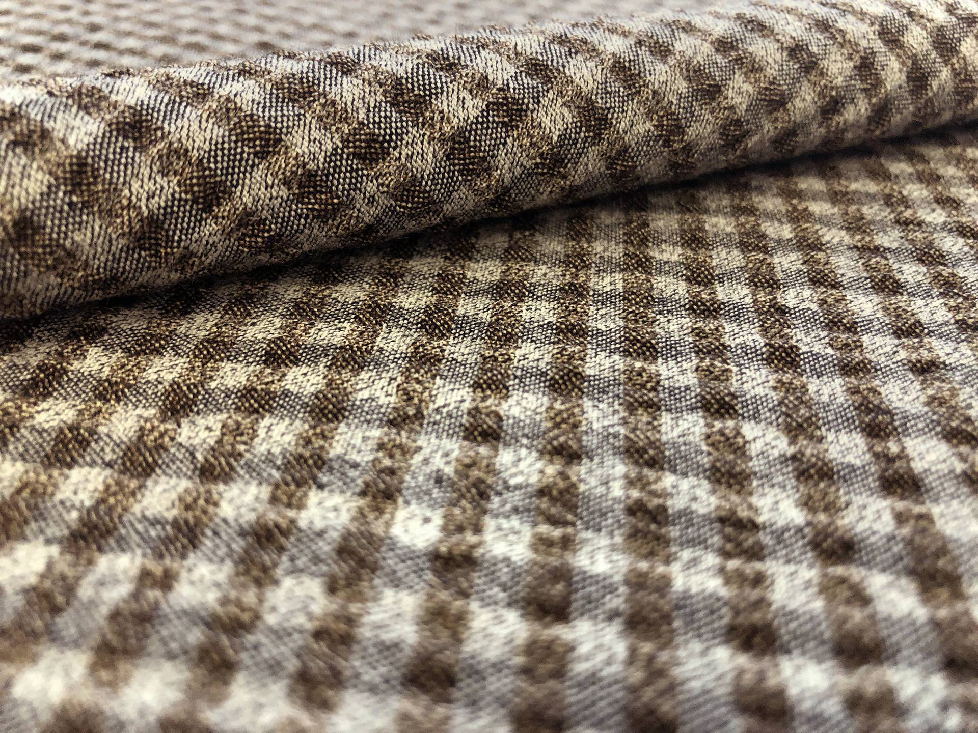 Italian Stretch Wool Seersucker Check in Brown Grey