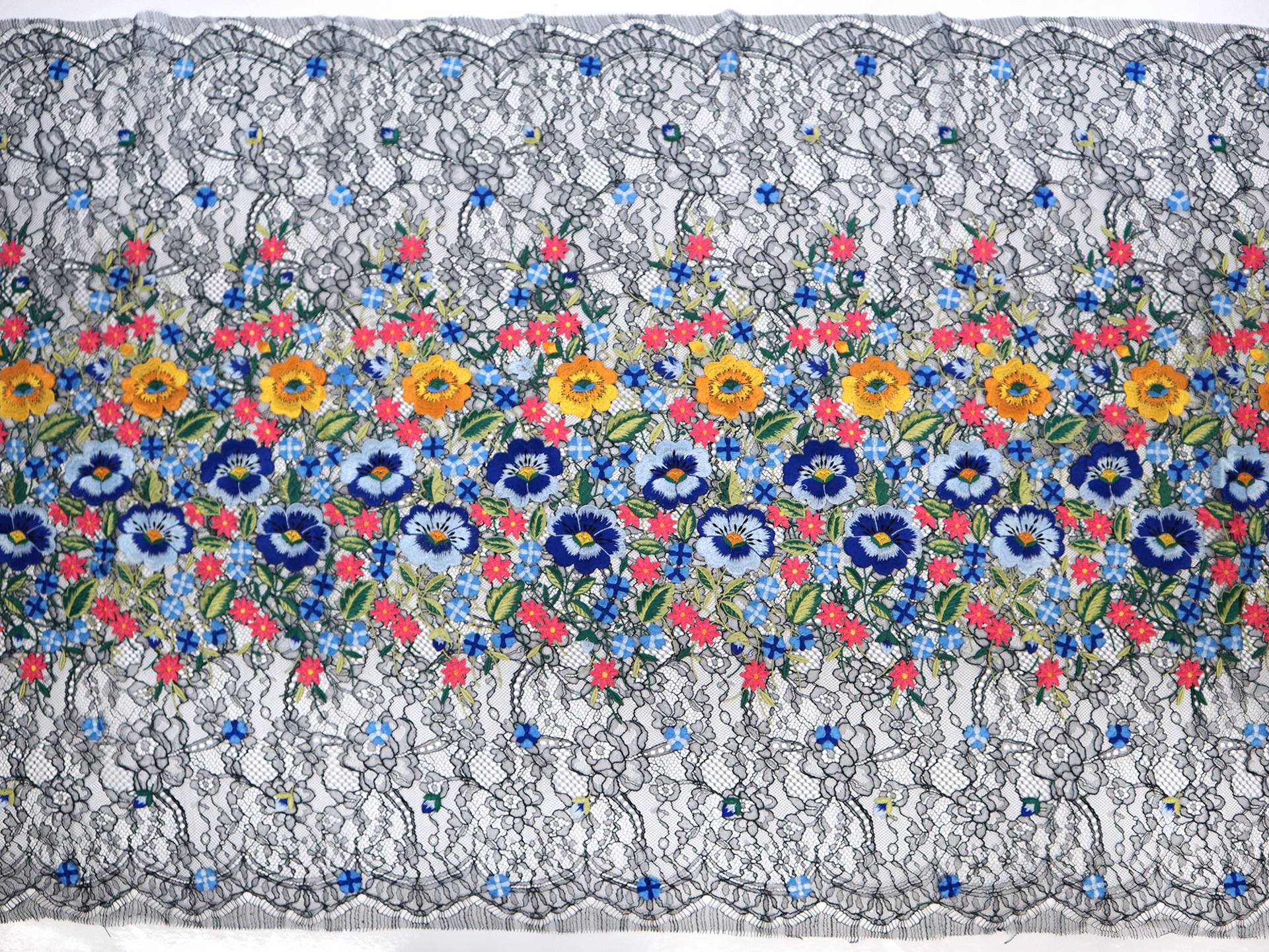 Chantilly Lace with Multi-Colored Floral Embroidery