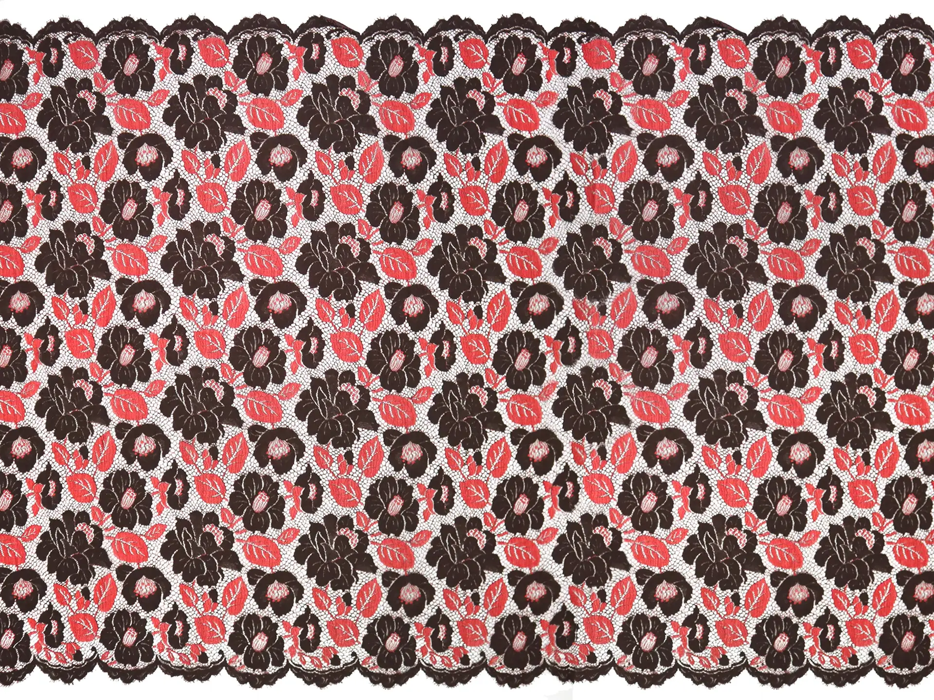 Wool Embroidered Chantilly Lace with Florals in Red and Espresso