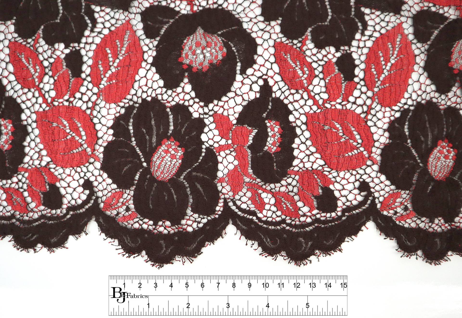 Wool Embroidered Chantilly Lace with Florals in Red and Espresso