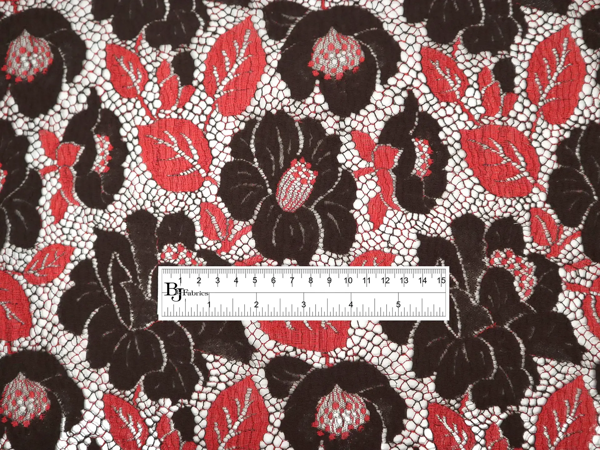 Wool Embroidered Chantilly Lace with Florals in Red and Espresso