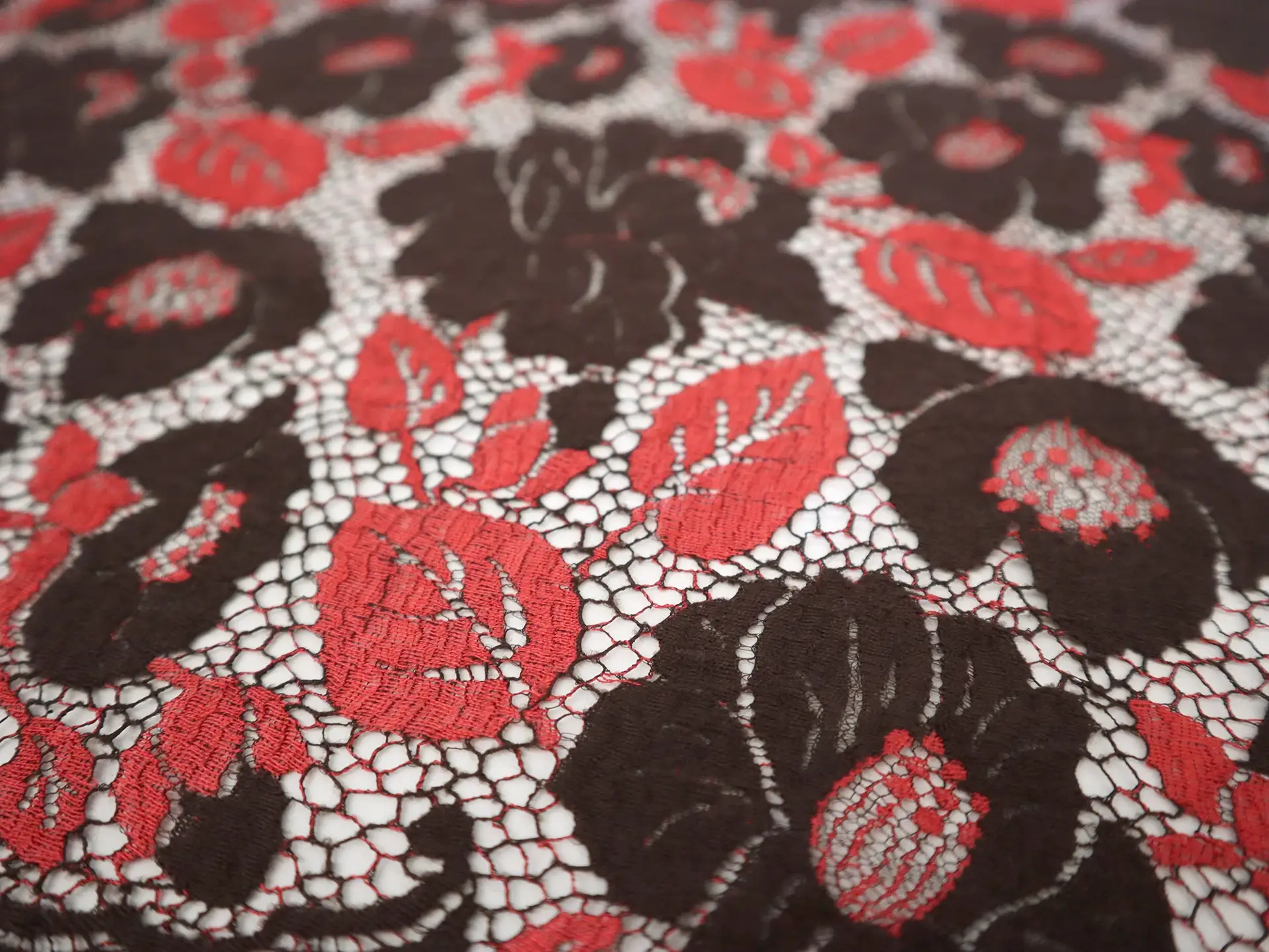 Wool Embroidered Chantilly Lace with Florals in Red and Espresso