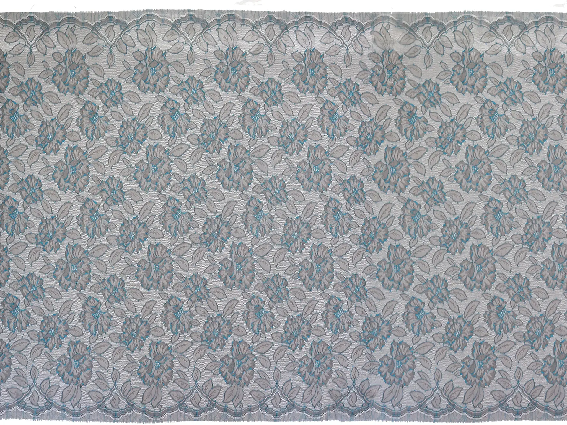 Chantilly Lace with Florals in Aqua Blue and Taupe Grey