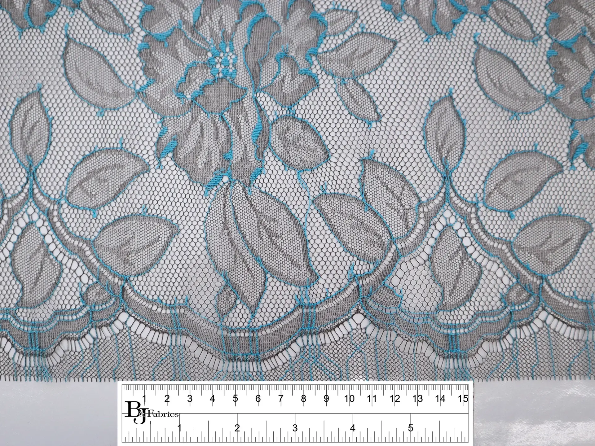 Chantilly Lace with Florals in Aqua Blue and Taupe Grey