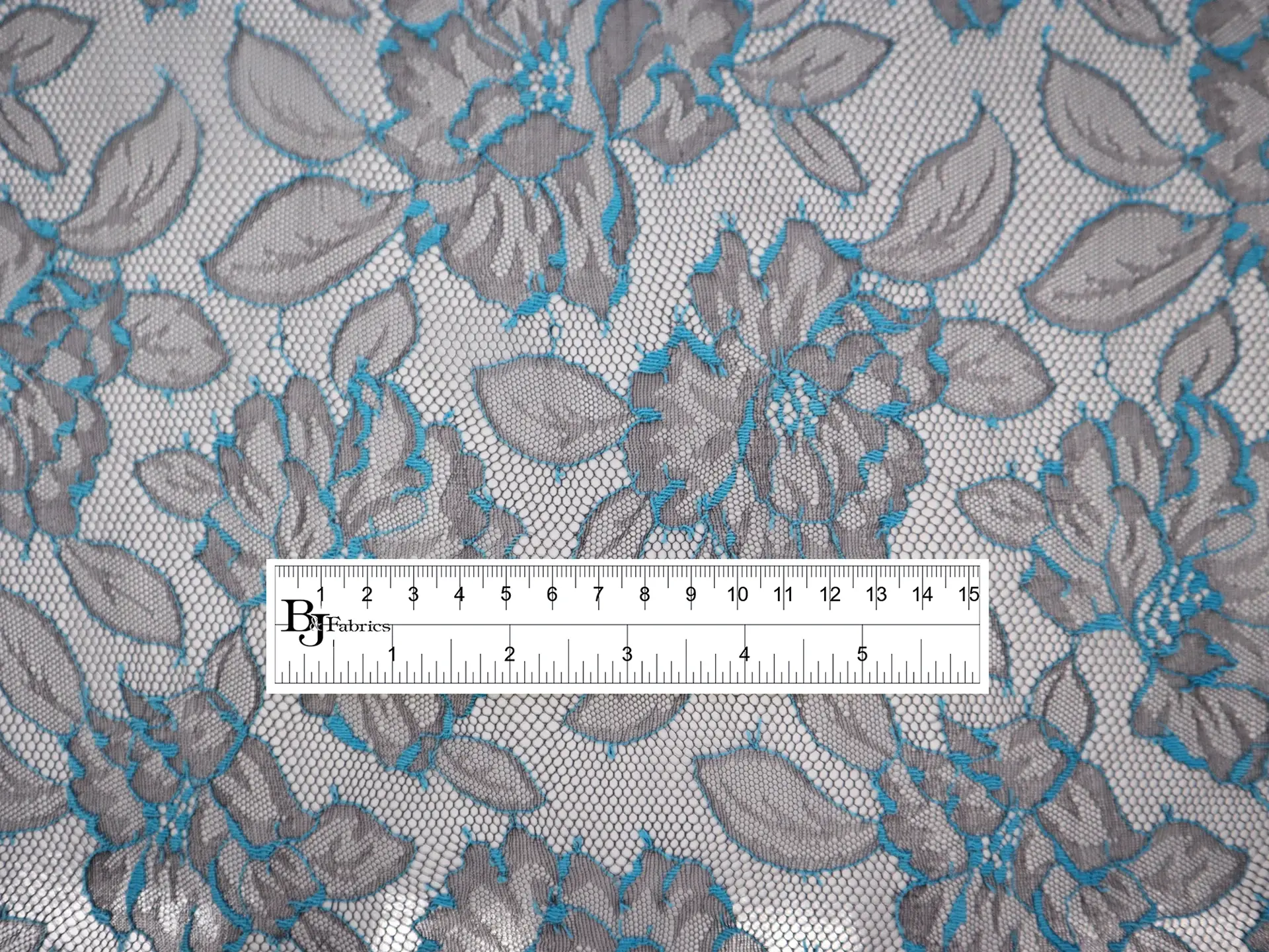 Chantilly Lace with Florals in Aqua Blue and Taupe Grey