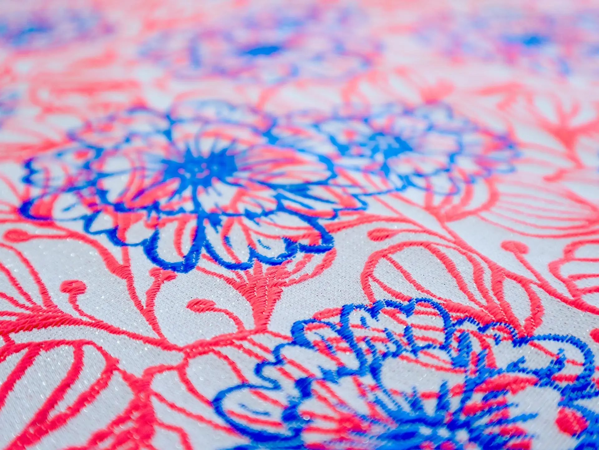 Metallic Brocade with Neon Flowers in Blue & Pink