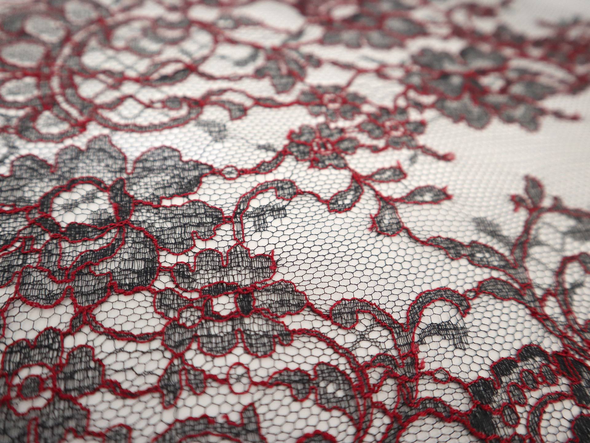 Chantilly Lace with Florals in Black and Crimson