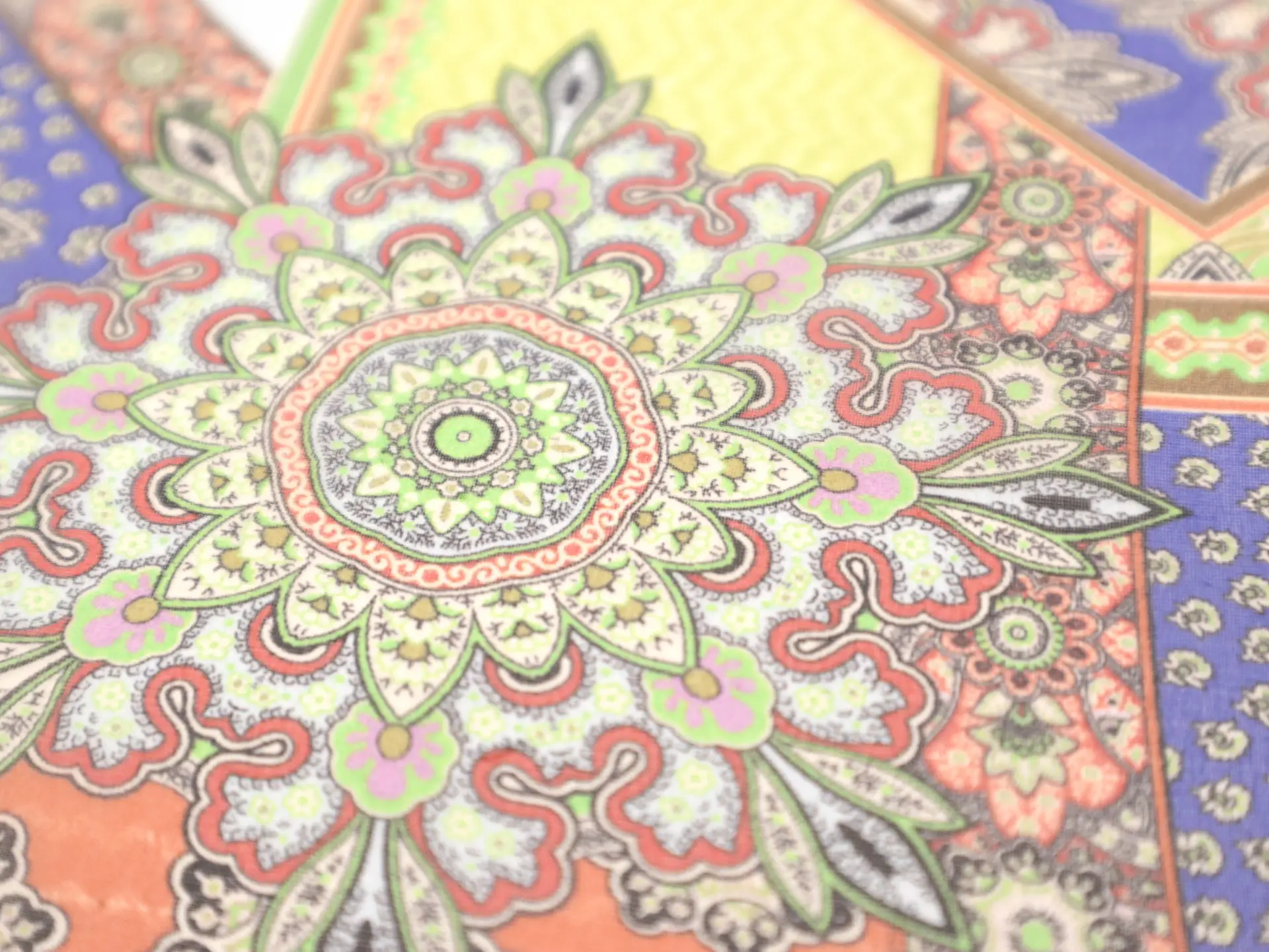 Printed Silk Chiffon in Paisley On Blue Light-Blue Yellow Orange White Background