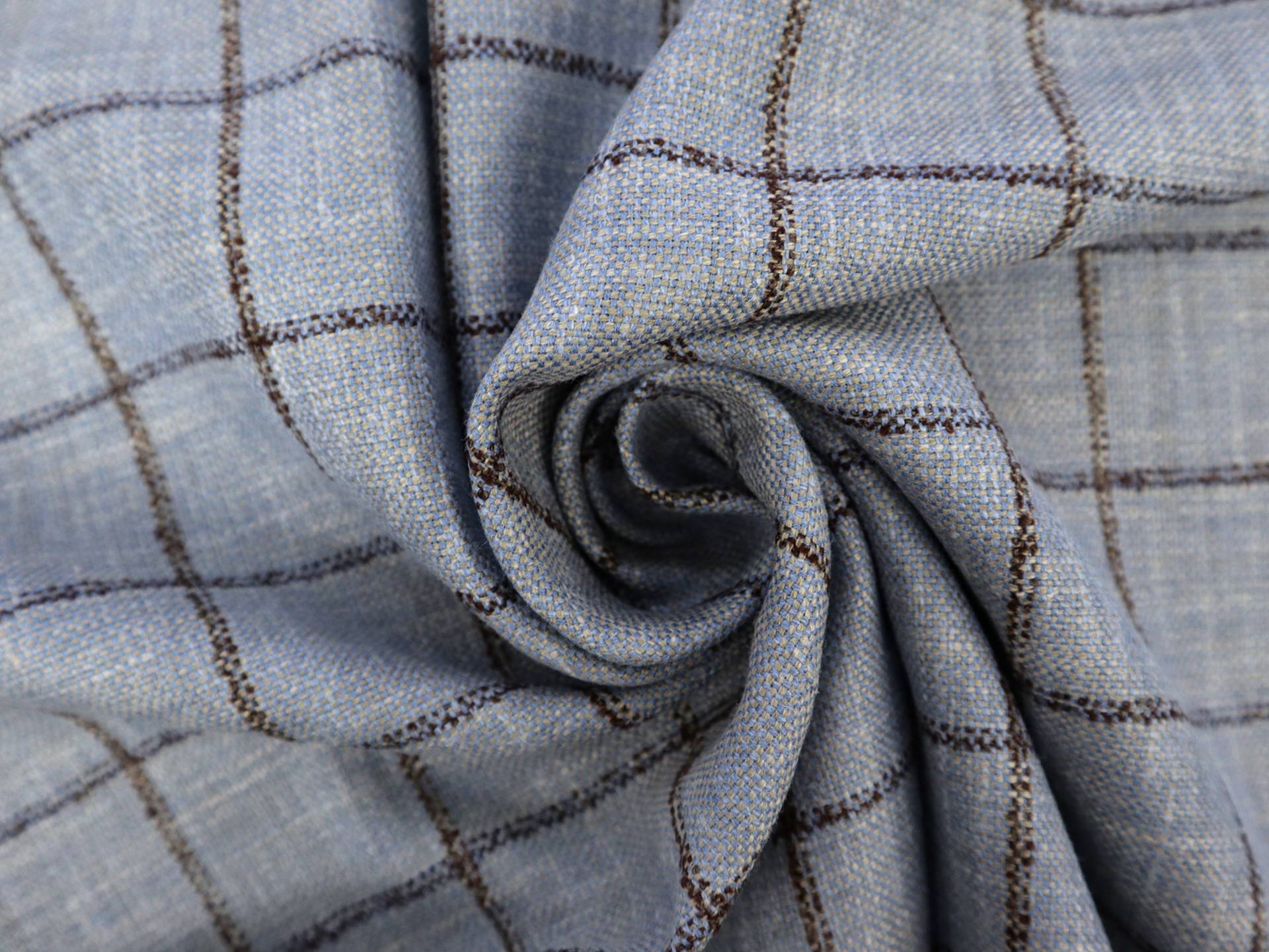 Silk Blend Windowpane Suiting in Powder Blue and Brown