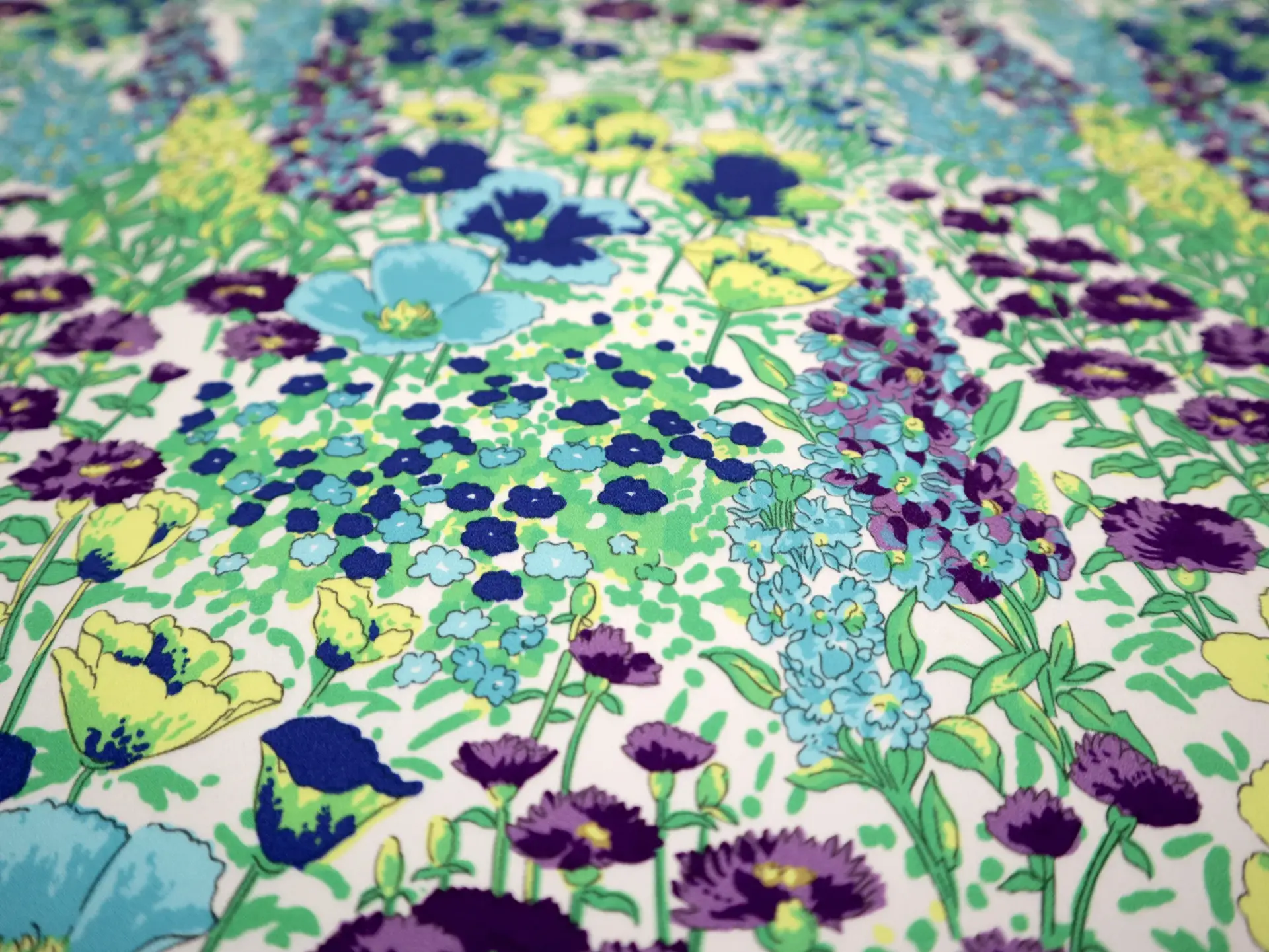 Printed Silk Charmeuse with Illustrated Floral Pattern in Turquoise Background