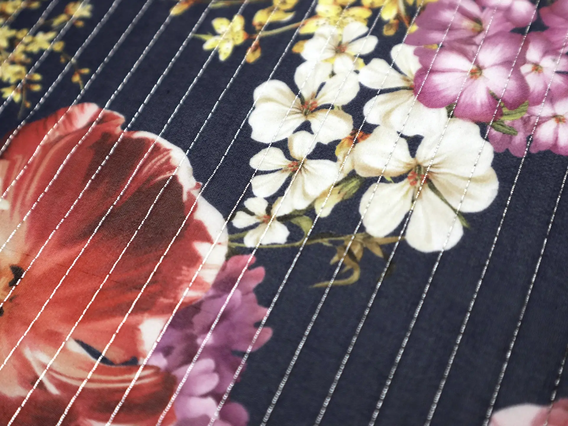 Printed Silk Chiffon with Florals and Lurex Stripes On Black Background