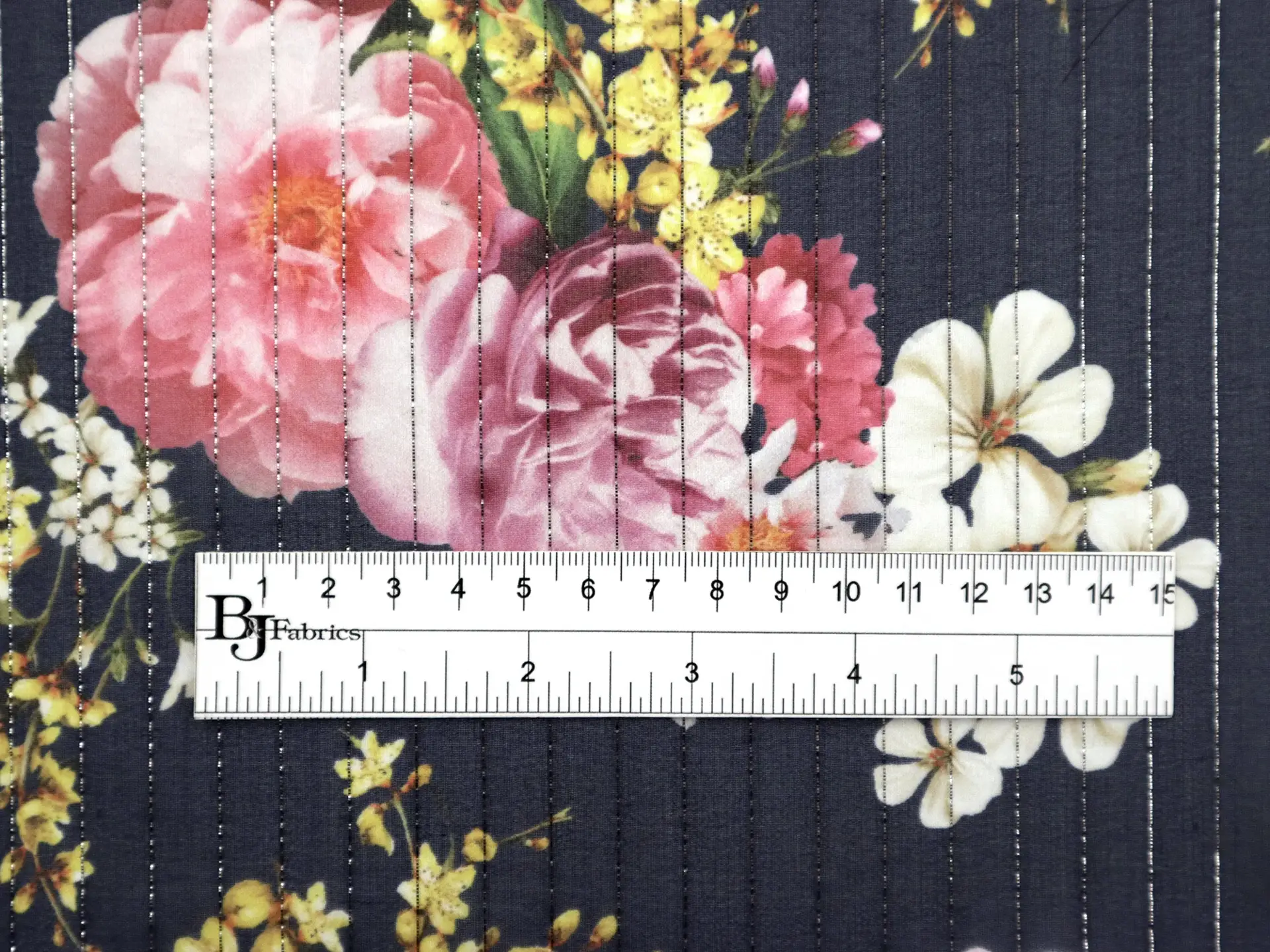 Printed Silk Chiffon with Florals and Lurex Stripes On Black Background