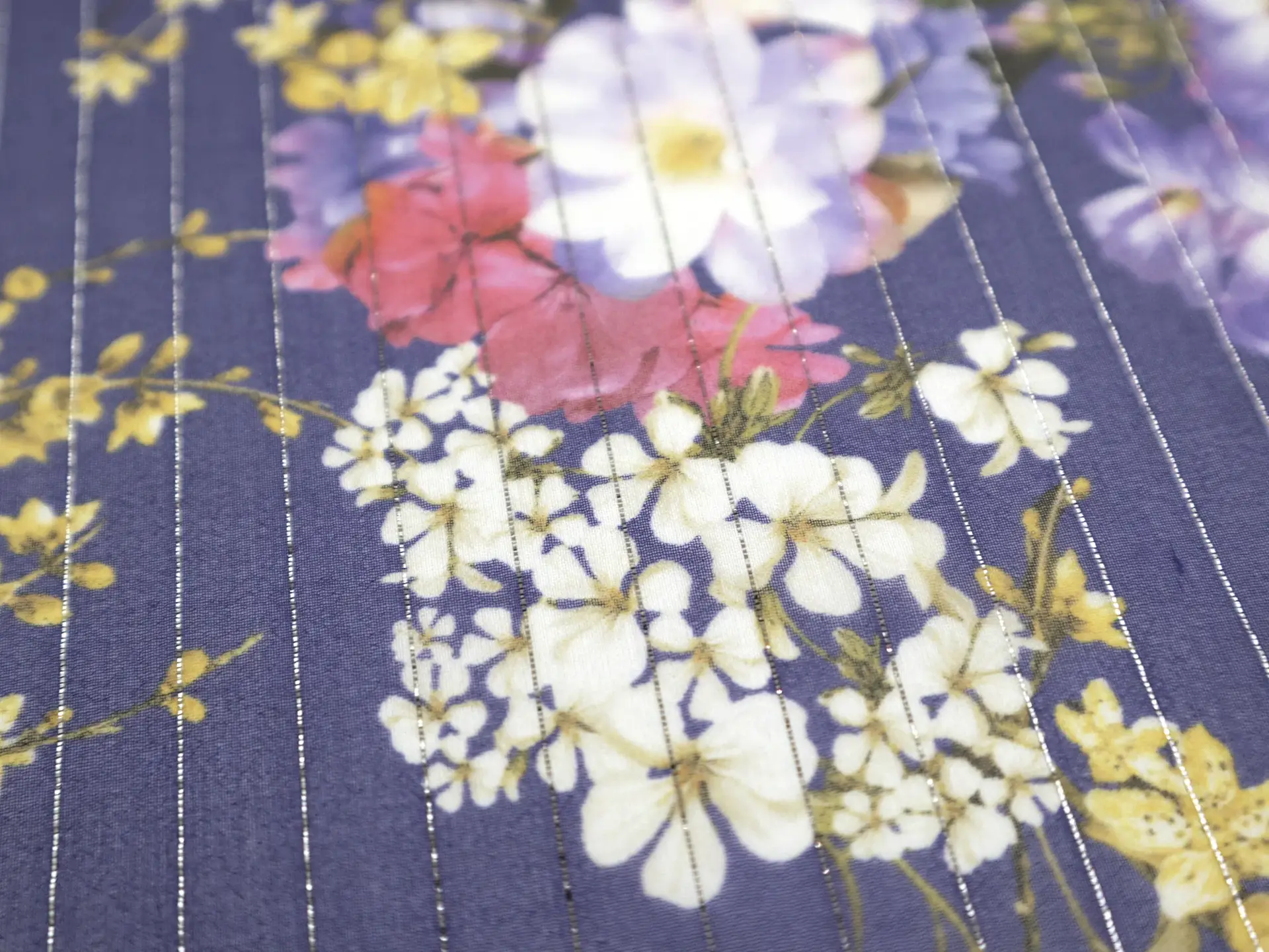 Printed Silk Chiffon with Florals and Lurex Stripes On Blue Background