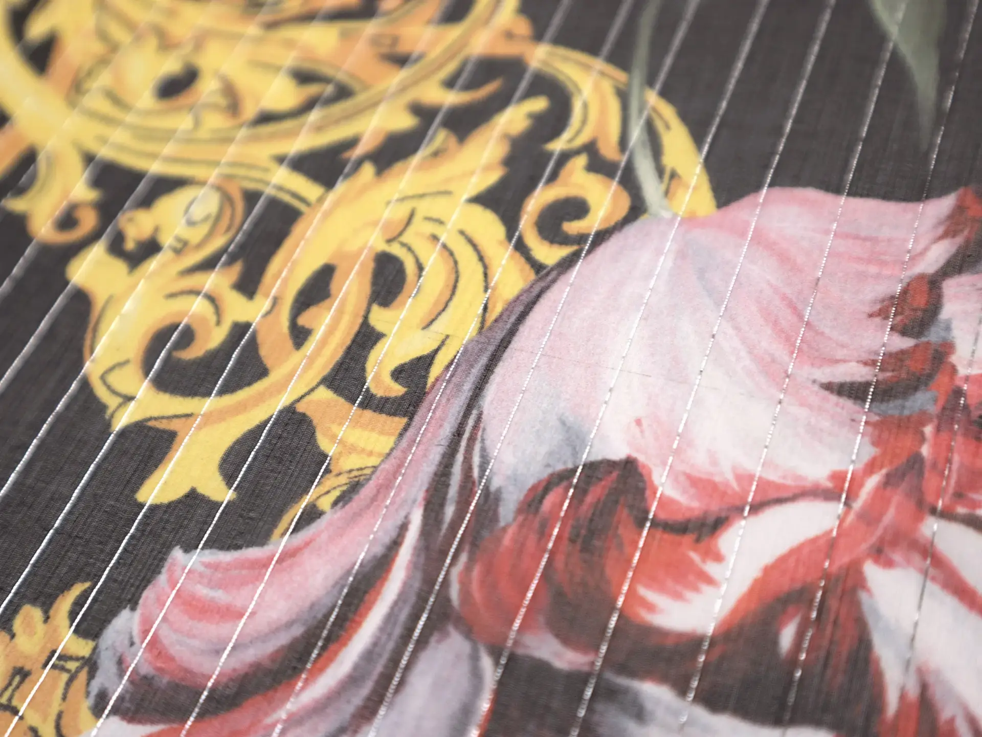Printed Silk Chiffon with Florals, Fleur de Lis, and Lurex Stripes On Dark Grey Background
