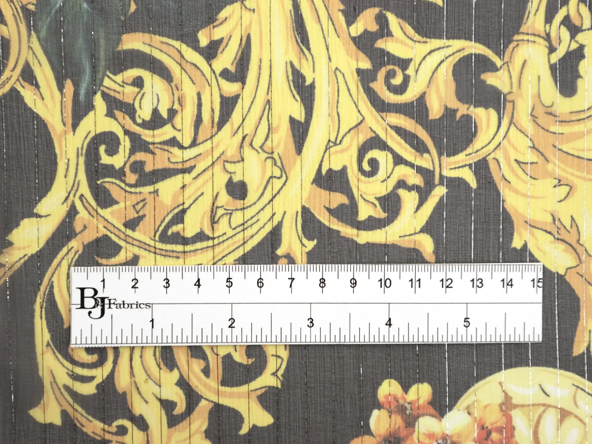 Printed Silk Chiffon with Florals, Fleur de Lis, and Lurex Stripes On Dark Grey Background