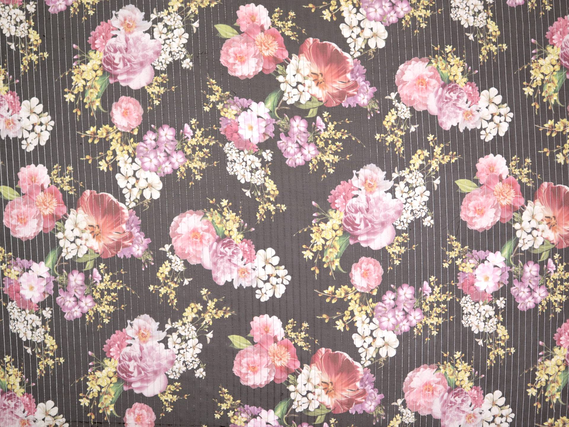 Printed Silk Chiffon with Floral Patterns and Lurex Stripes On Dark Grey Background