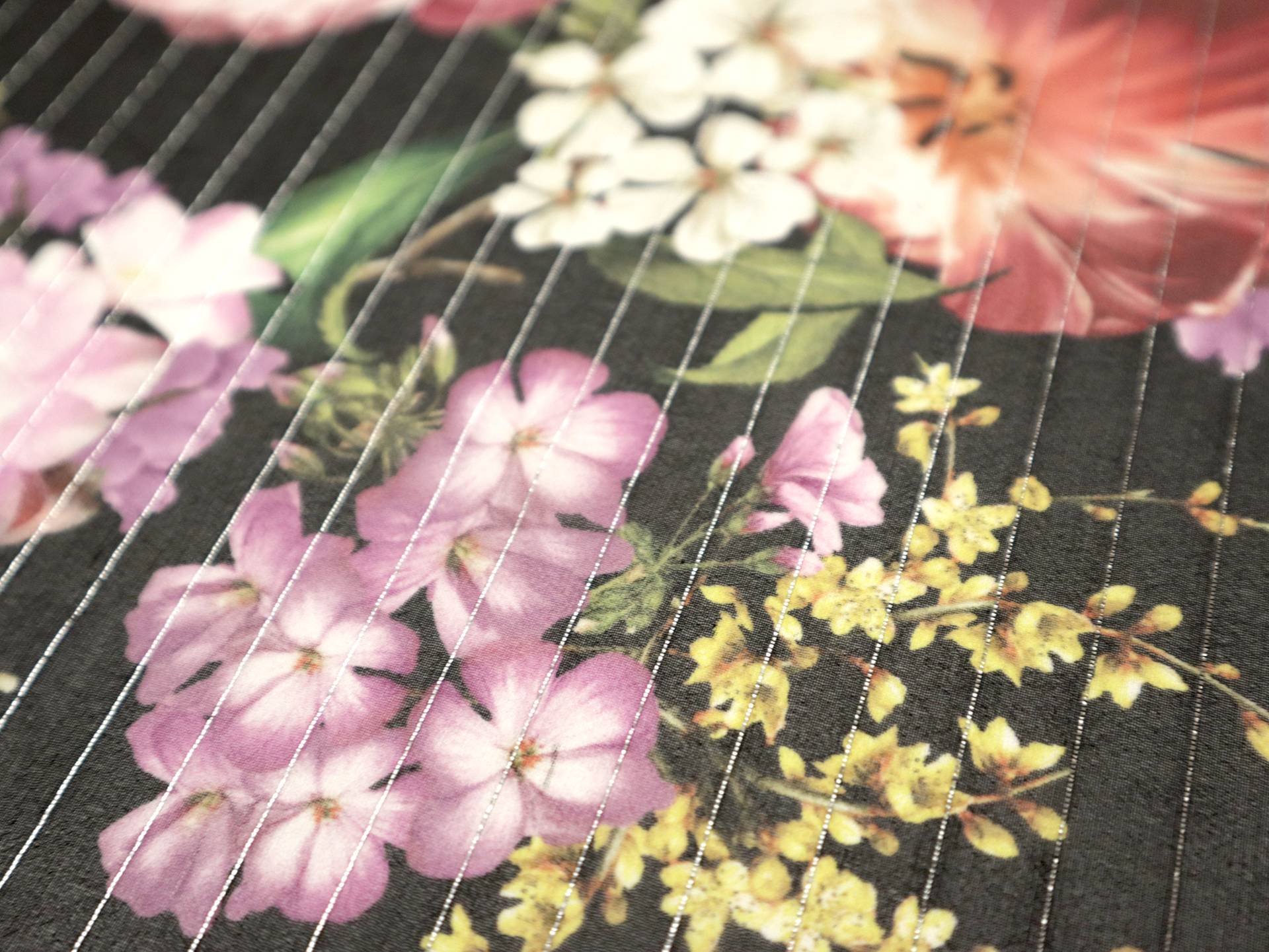 Printed Silk Chiffon with Floral Patterns and Lurex Stripes On Dark Grey Background