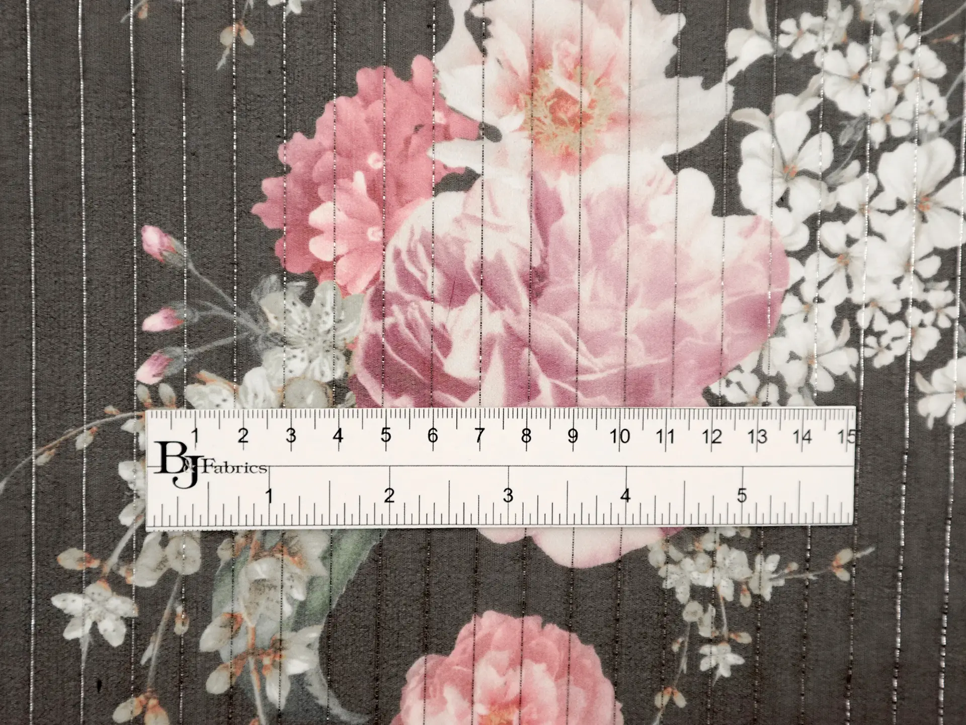 Printed Silk Chiffon with Floral Patterns and Lurex Stripes On Dark Grey Background
