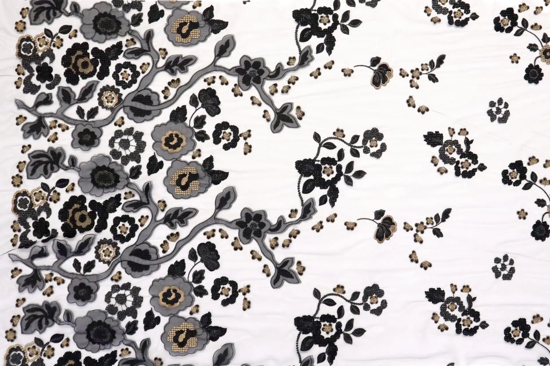 Novelty Embroidered Floral in Black with Gold Accents