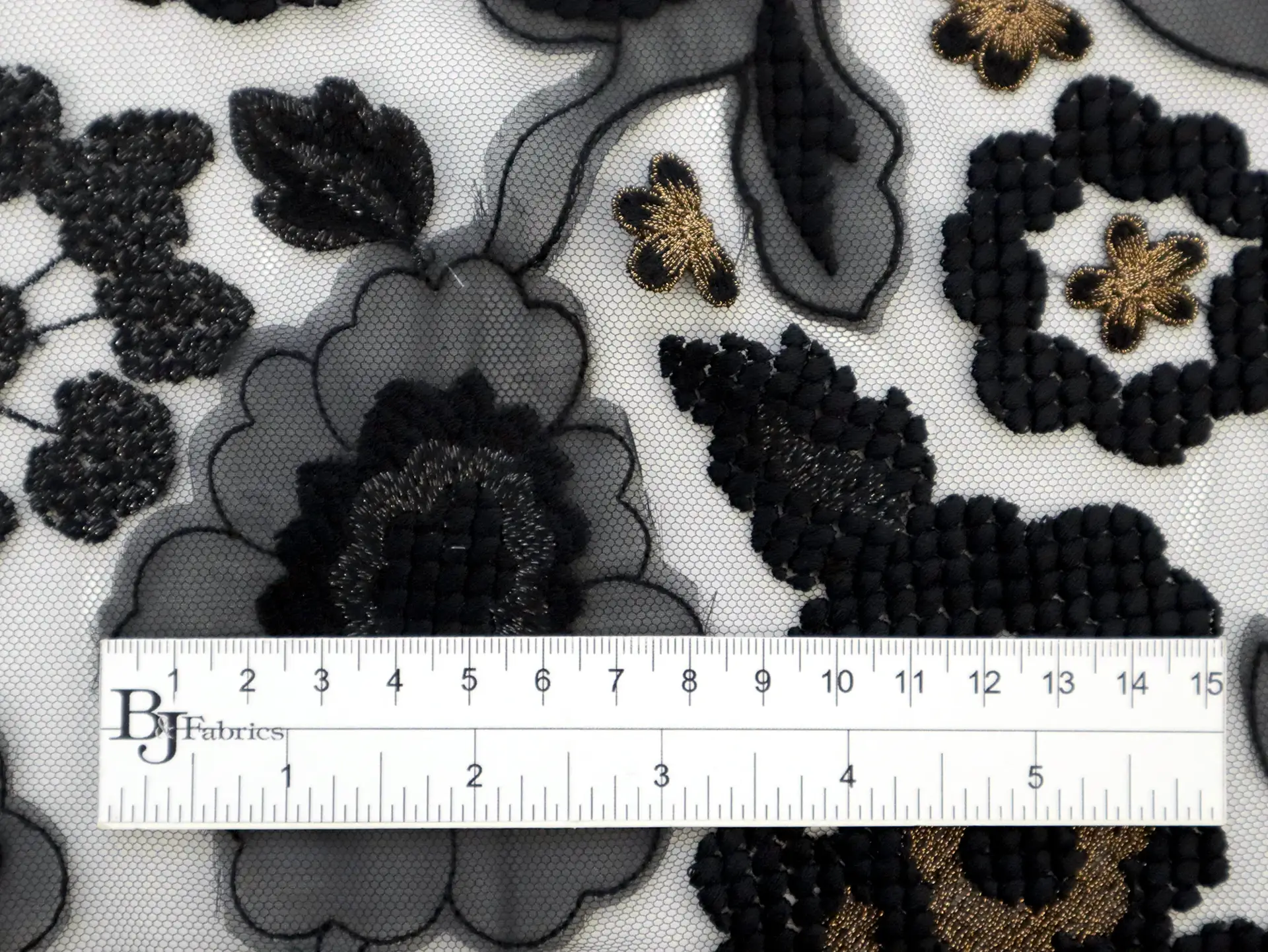 Novelty Embroidered Floral in Black with Gold Accents