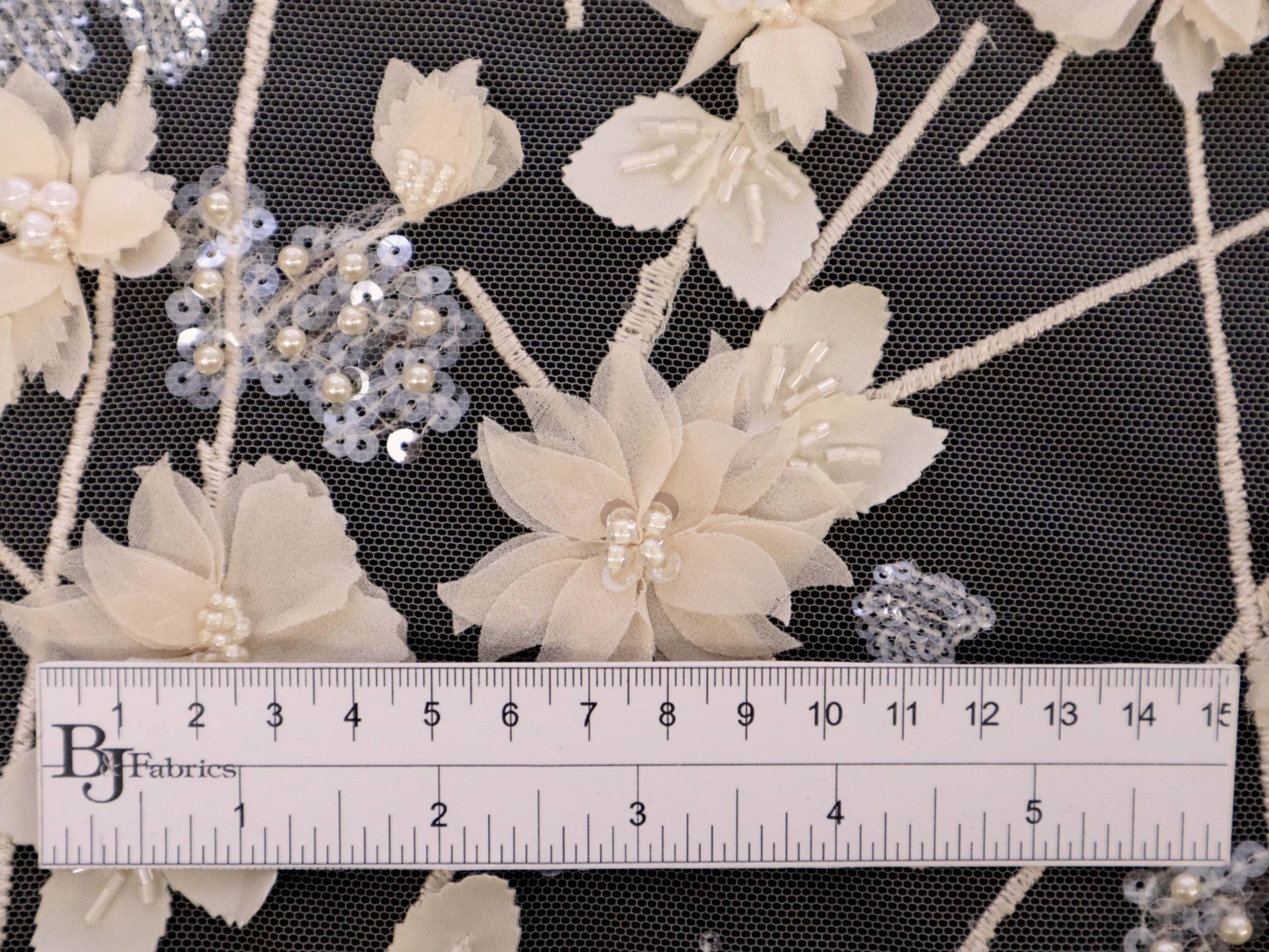Beaded Tulle with Floral Appliqués in Champagne